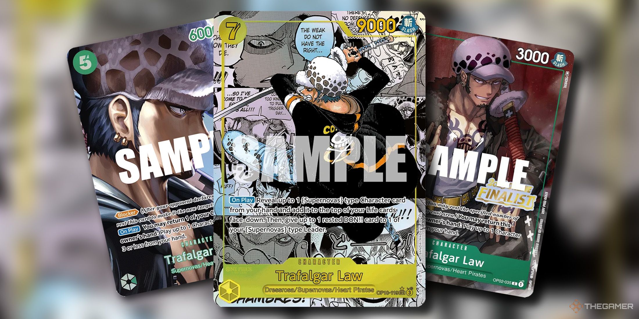 Three different Trafalgar Law cards from One Piece Card Game.