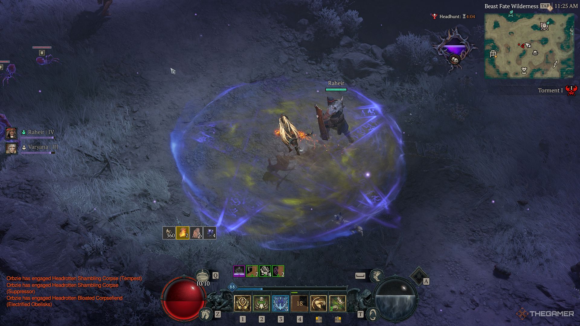 A Spiritborn running through Headrotten fields with Witch auras active in Diablo 4.