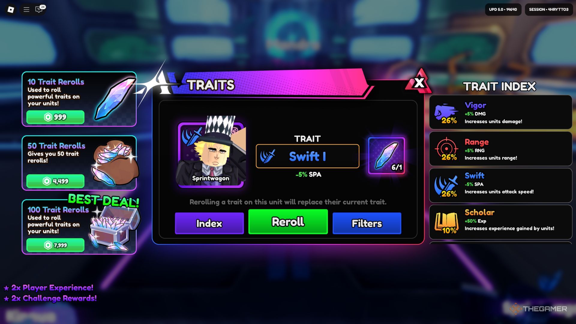 The player character shows the Traits tab in the Upgrades area in Anime Vanguards.