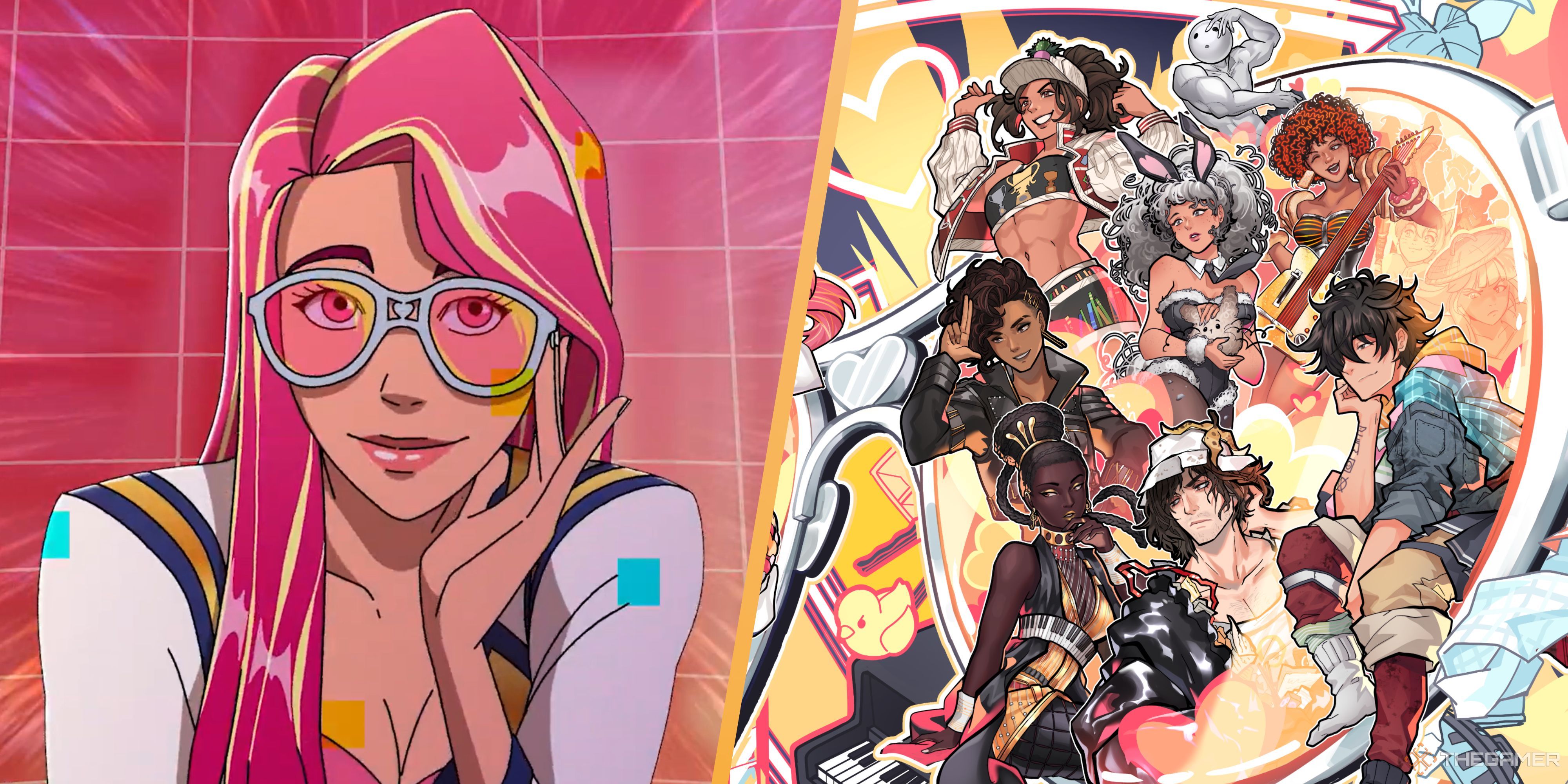 date everything character with pink hair next to other characters from the date everything roster.