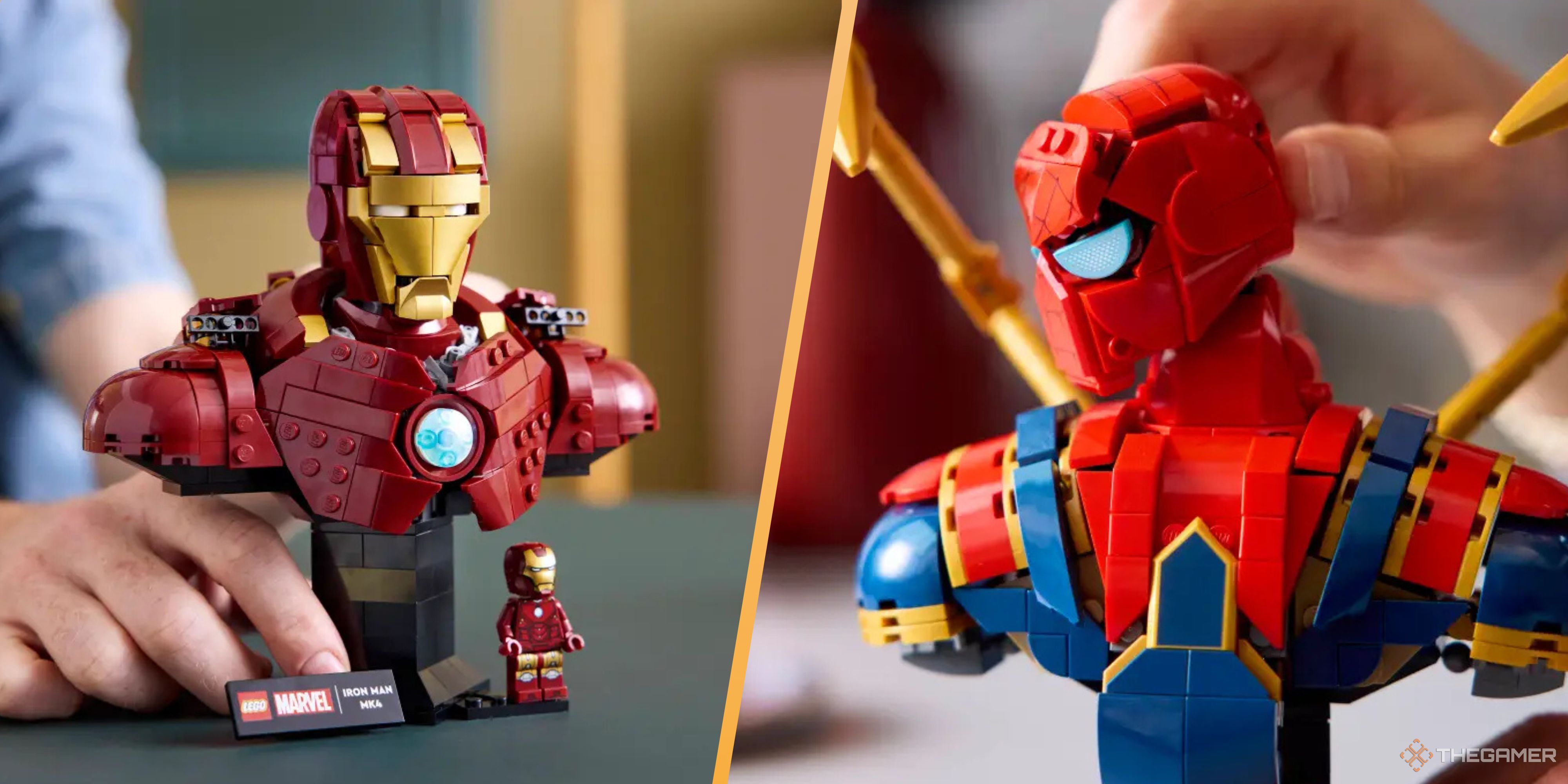 iron man and spider-man bust marvel lego sets.