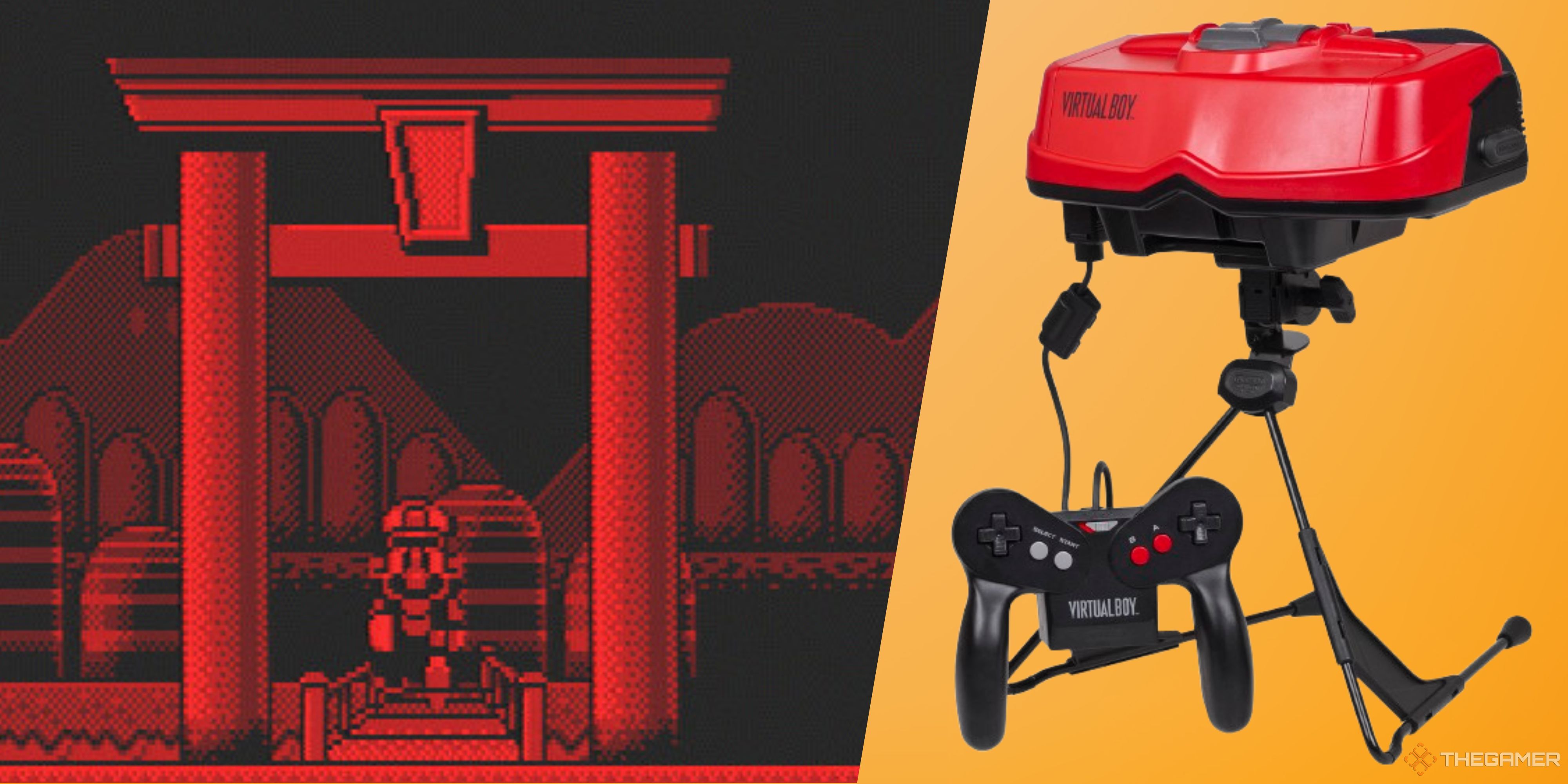 screenshot from a lost virtual boy mario game and the virtual boy.
