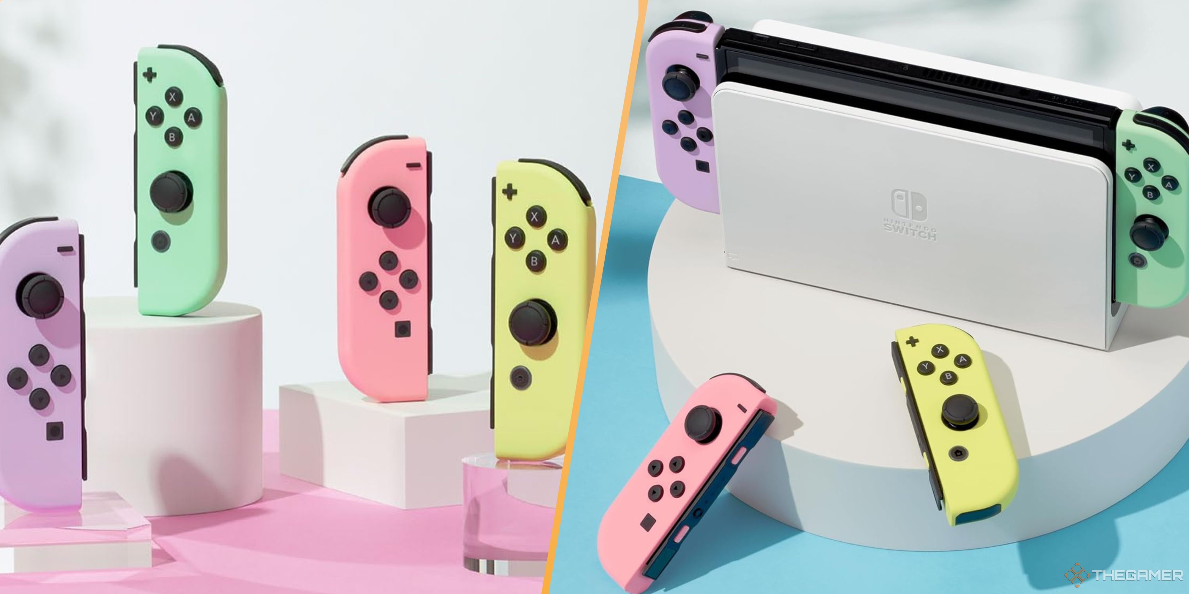 nintendo switch pastel joy-con on display, and in and next to an oled switch.