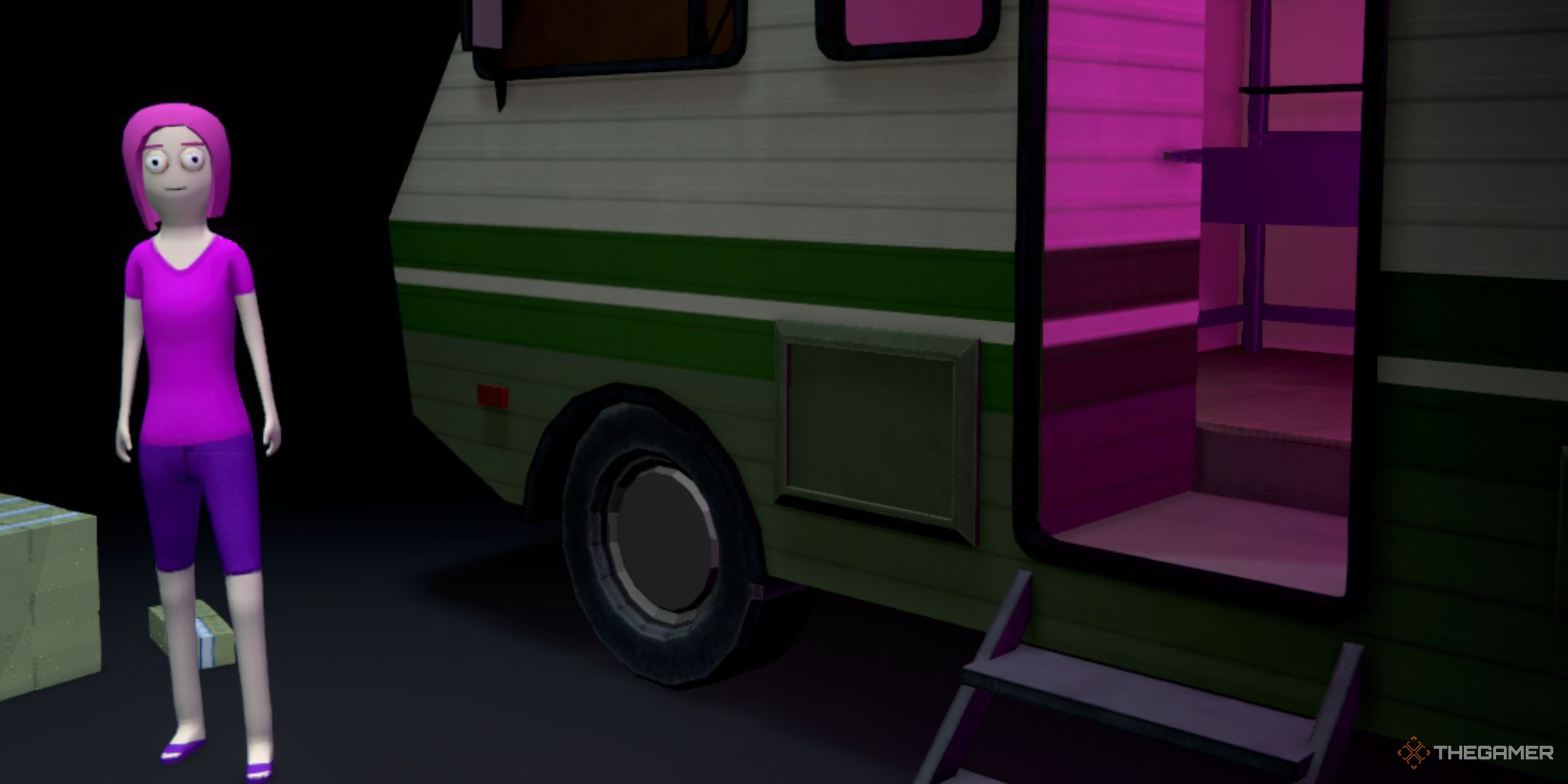 The player is standing next to an RV in Schedule 1 title menu.