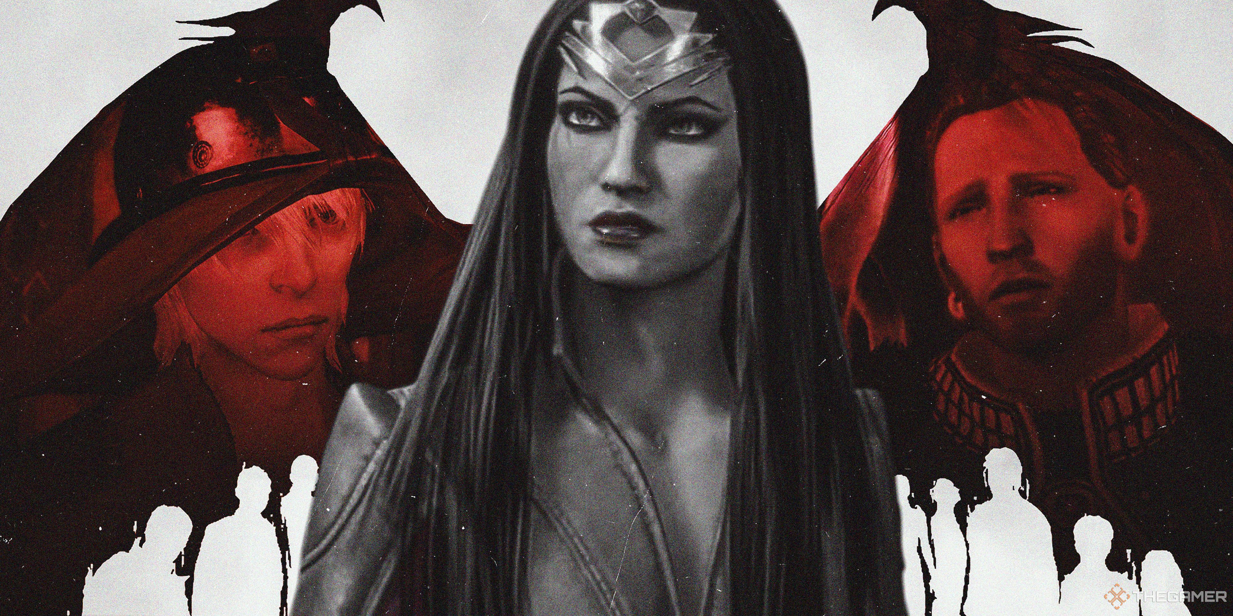 An edit of three Dragon Age characters from left to right: Cole, Rook, and Anders. The background is the art for Dragon Age 2, with dragon wings and character silhouettes
