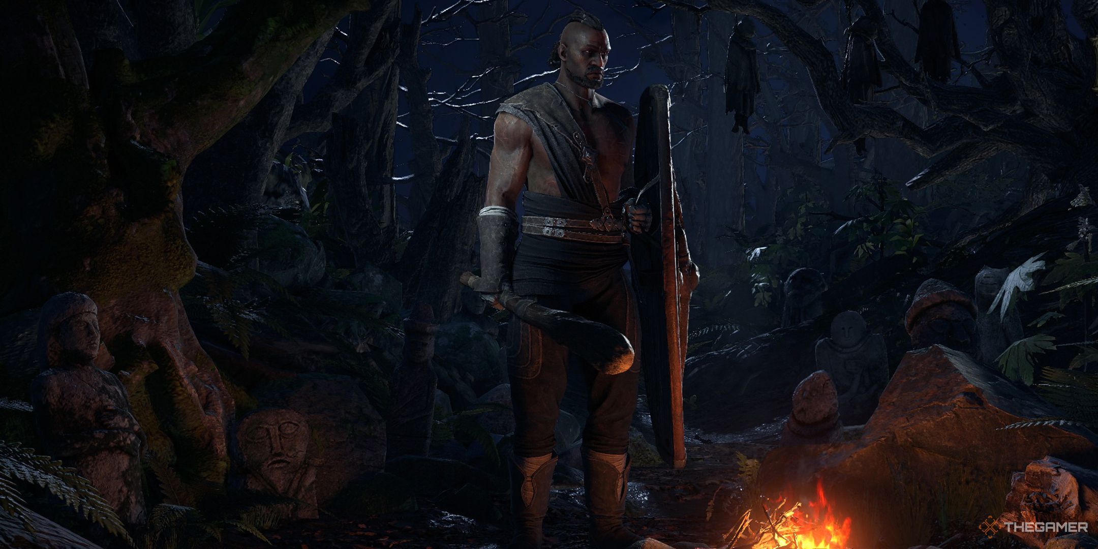A Warrior wielding a wooden mace and shield on the character select screen in Path of Exile 2.