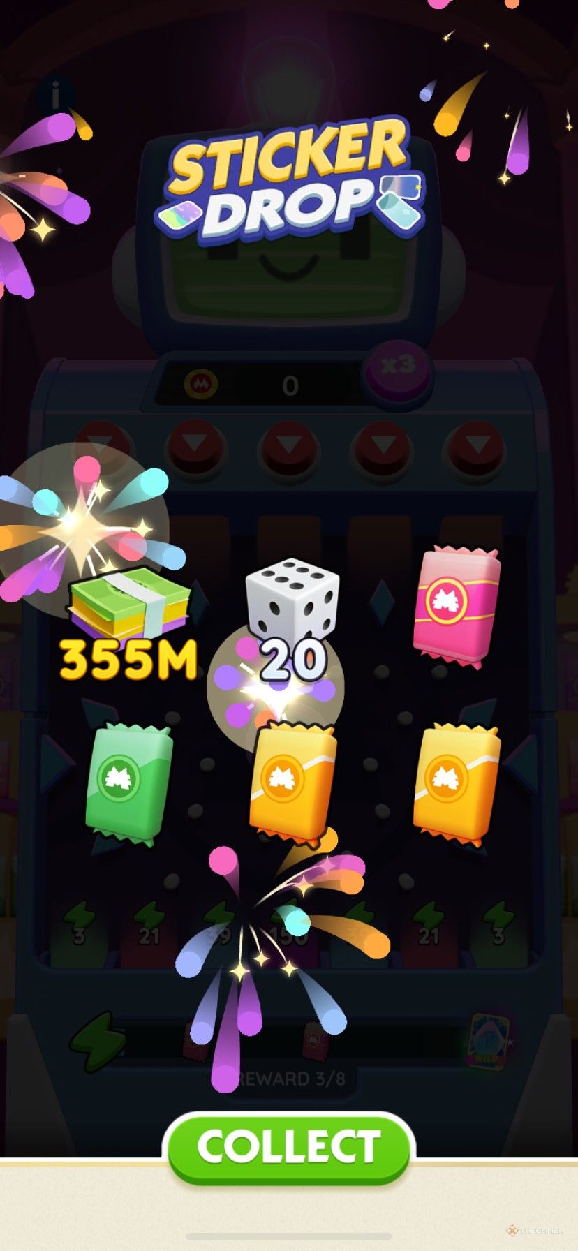 Winning cash, free dice rolls, and free sticker packs from the Peg-E Sticker Drop event for Movie Night in Monopoly Go.