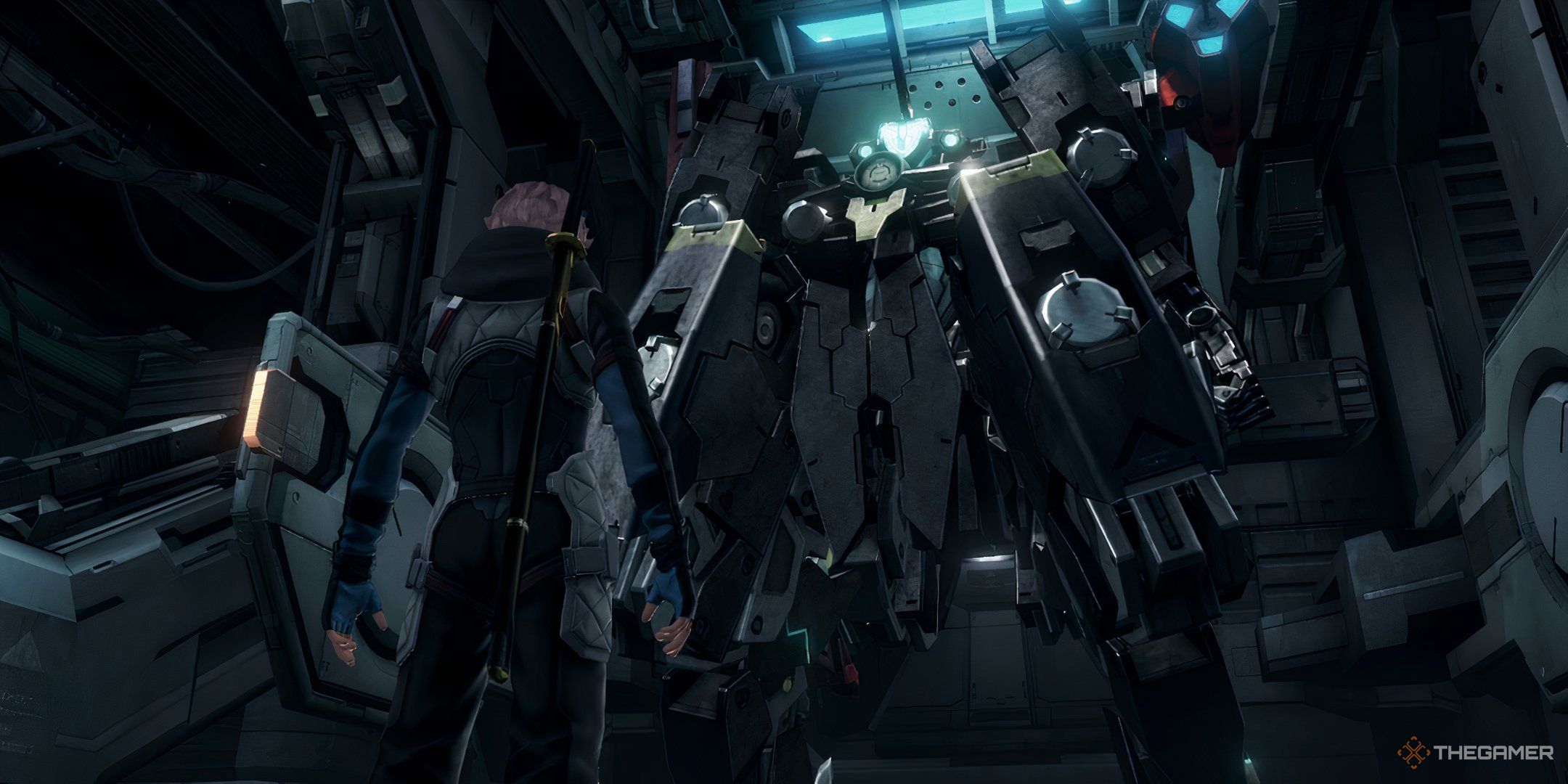 Blade Barracks in Zenoblade Chronicles X standing inside the hanger: Mastima White Reper Scale: Final Edition.