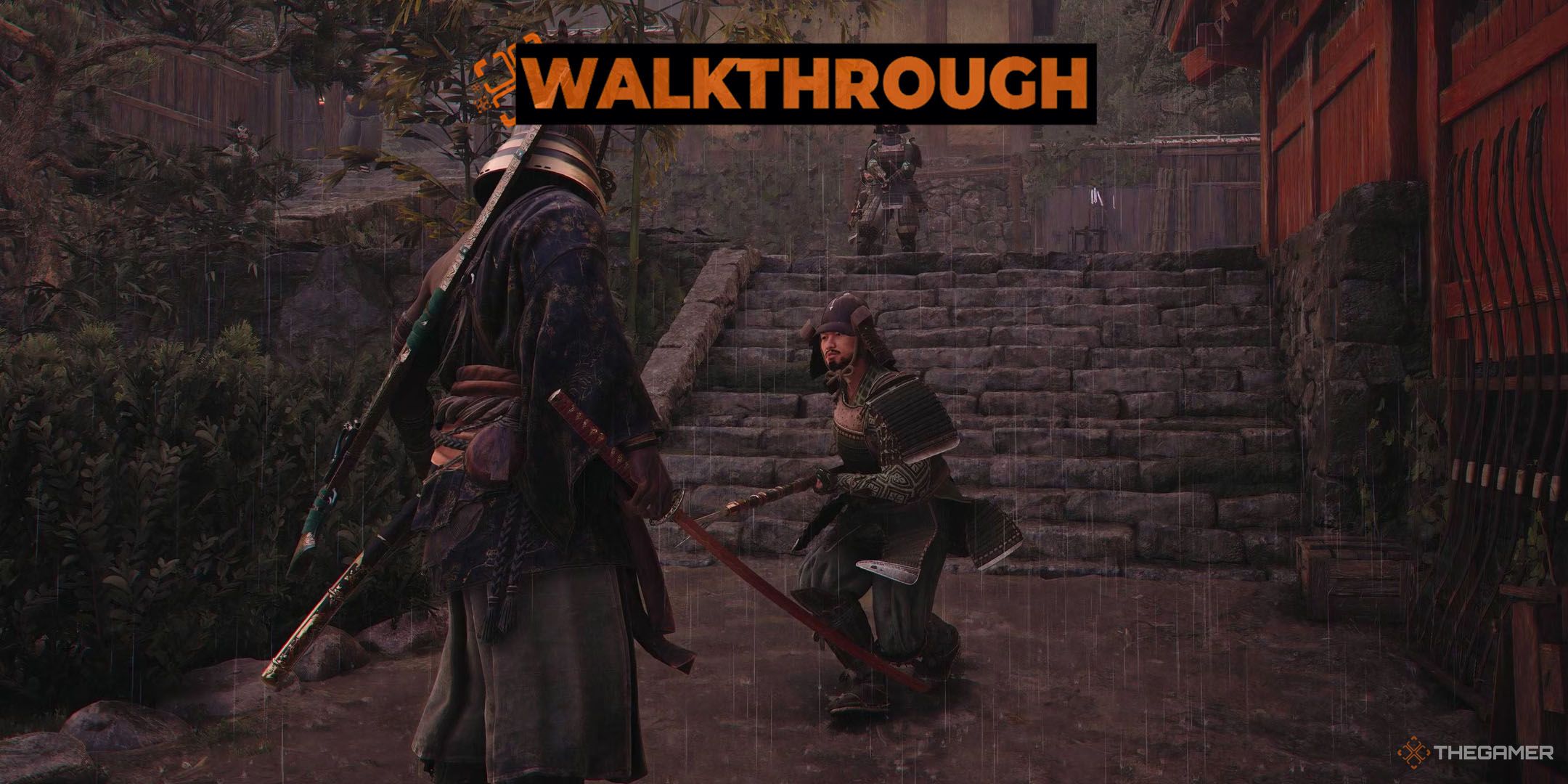Yasuke facing a samurai in combat while it&rsquo;s raining in a castle in Assassin&rsquo;s Creed Shadows.