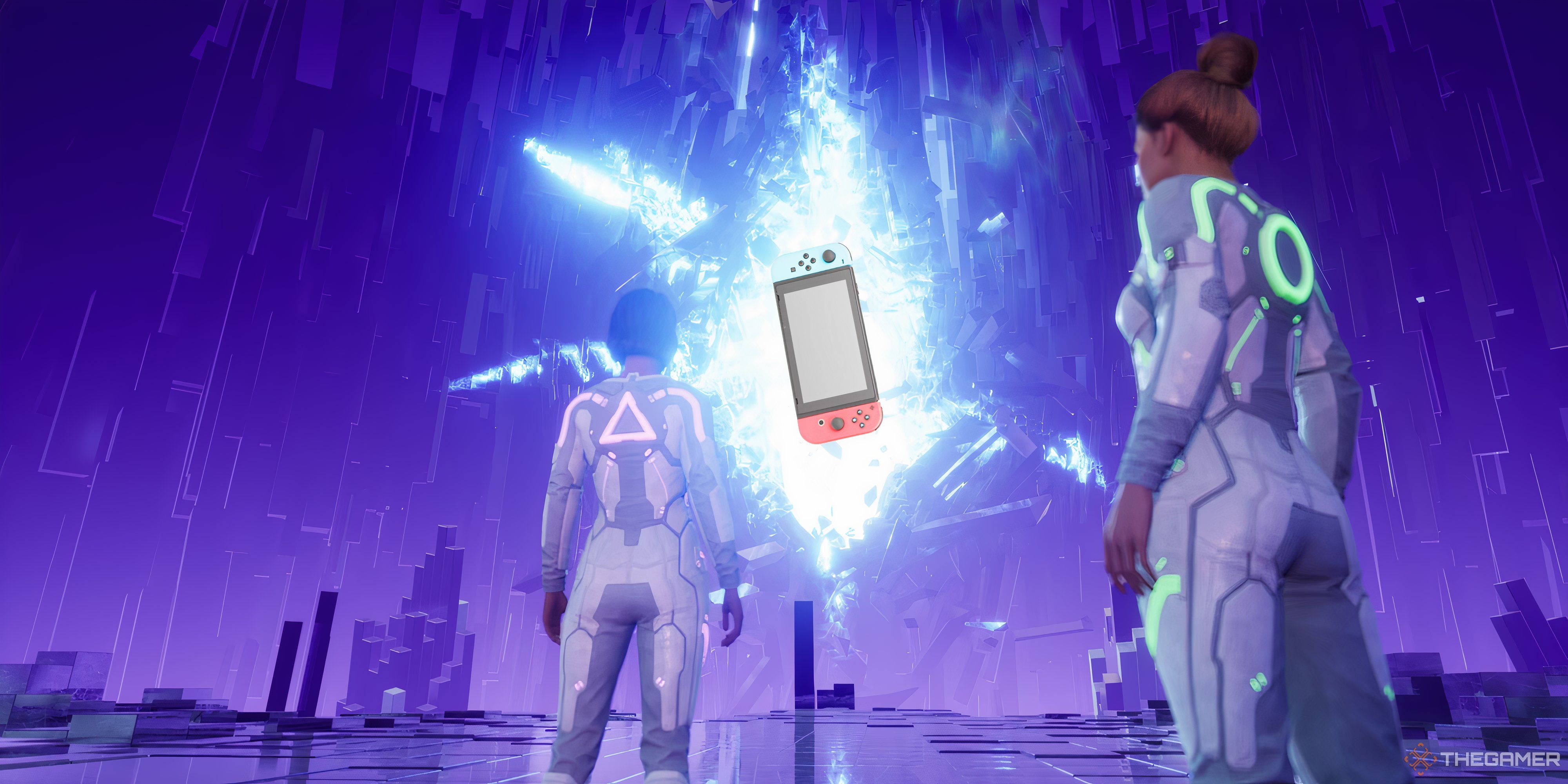 zoe and mio looking through a rift at a nintendo switch in split fiction.
