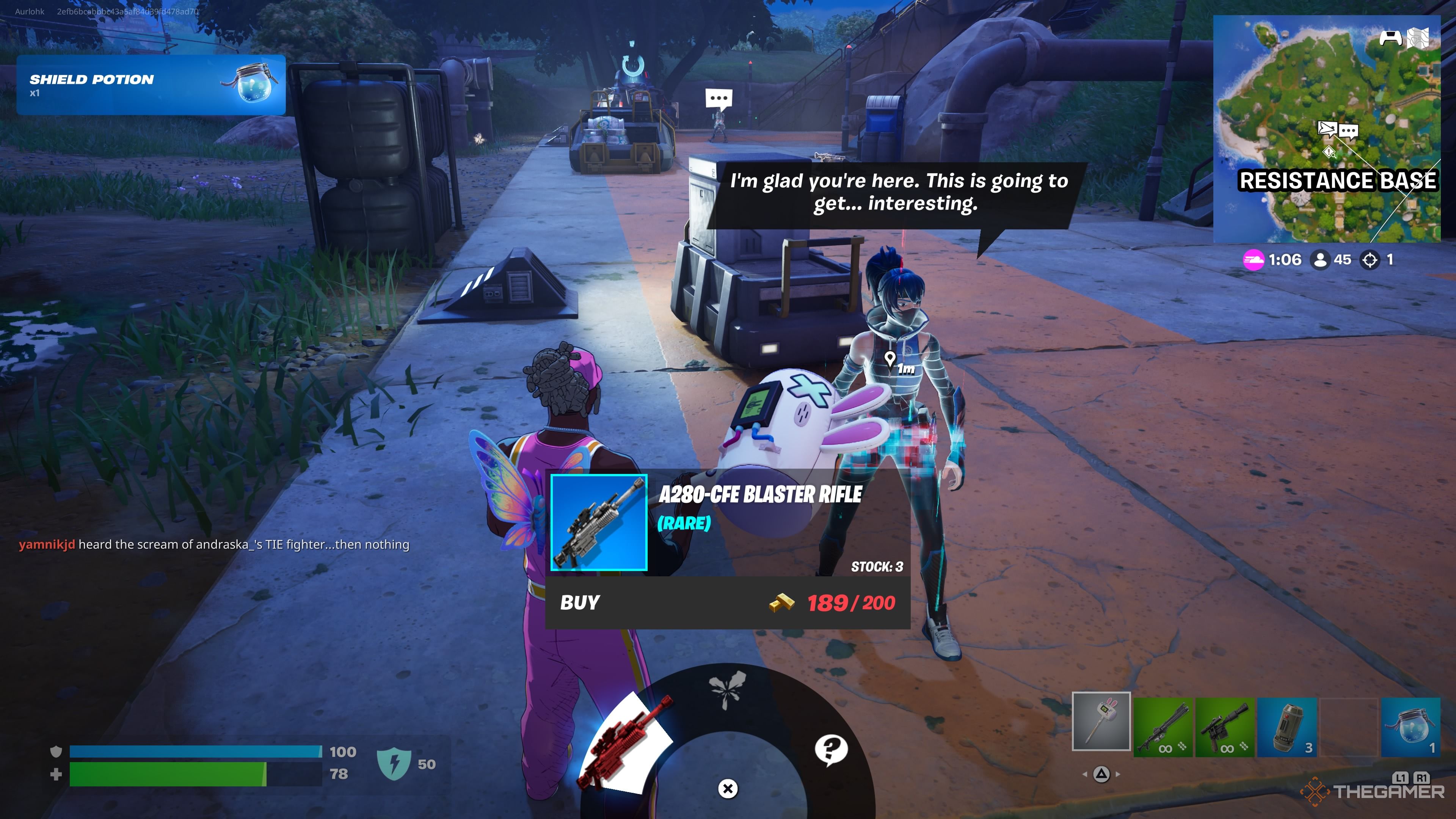 A player of the player who speaks to Shadow Blade Hope at the base of resistance and what offers for sale in Fortnite.