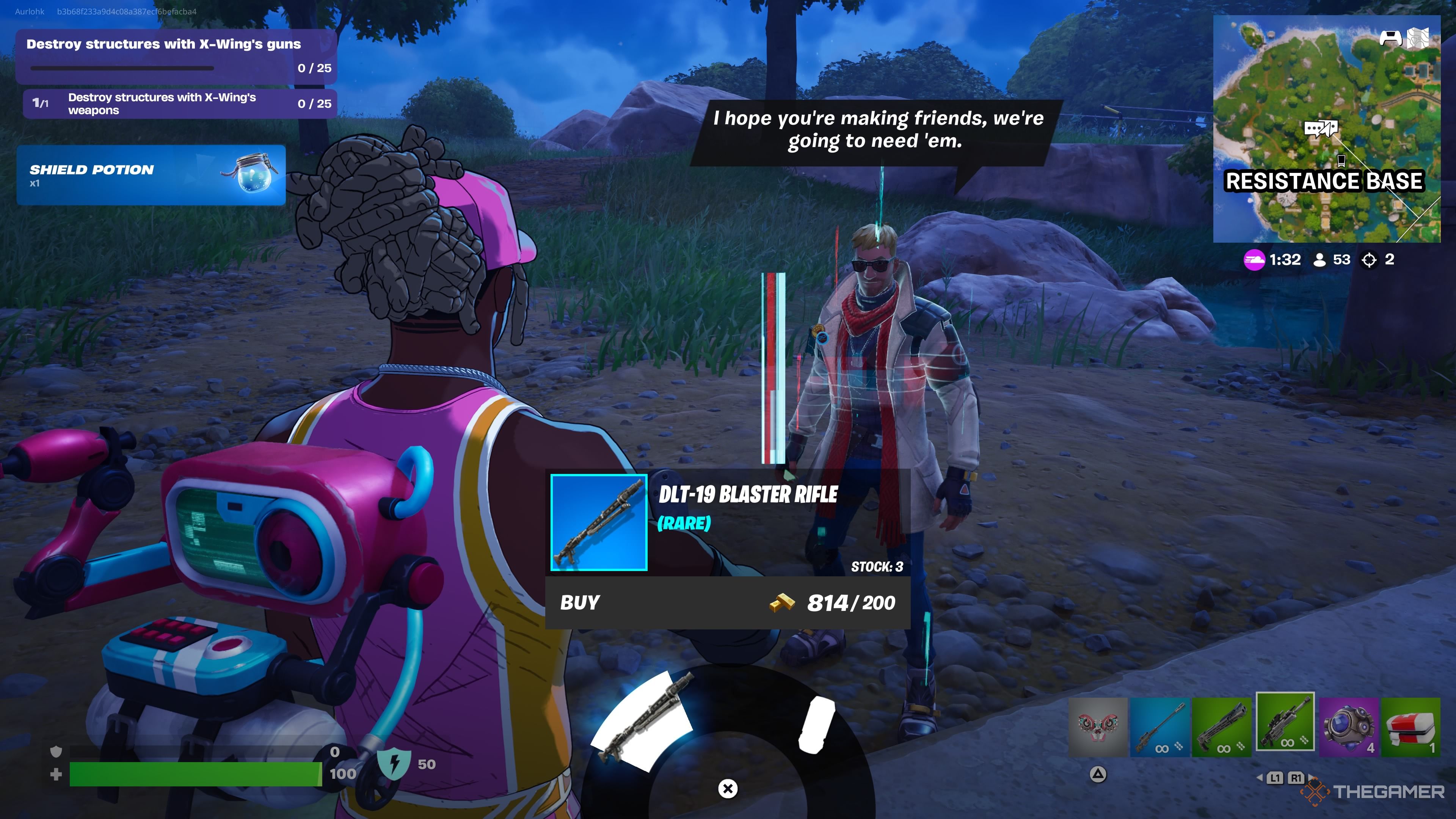 A player of a player who talks to revenge on Jones at the Fortnite Resistance Base.