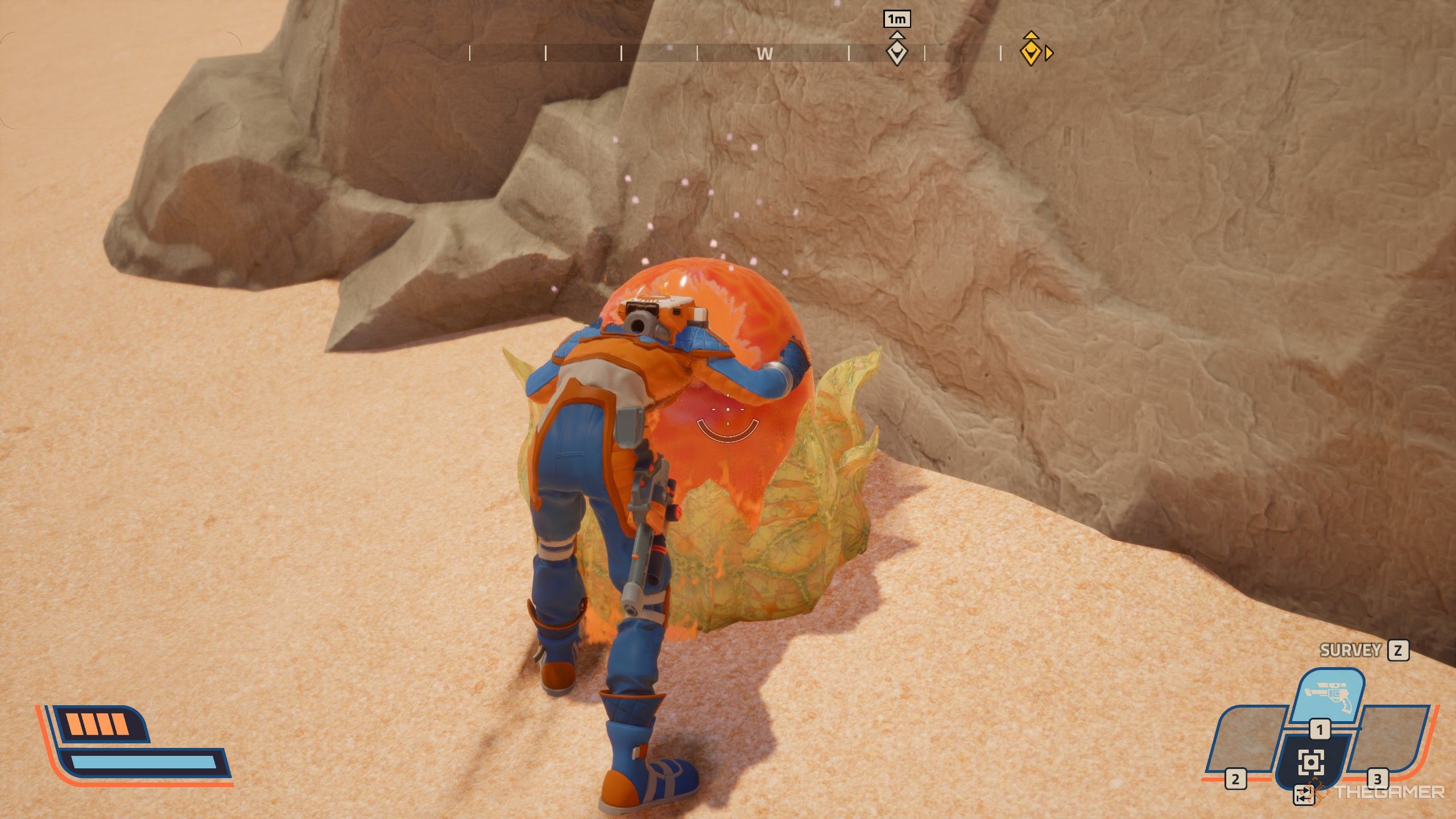 The player dipping their body into orange goo in revenge of the savage planet.