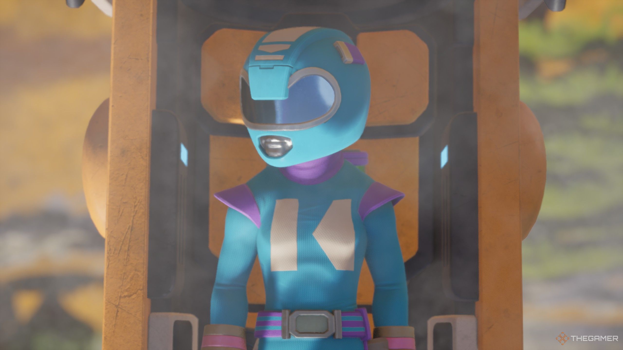 The player exiting the teleporter pod in revenge of the savage planet.