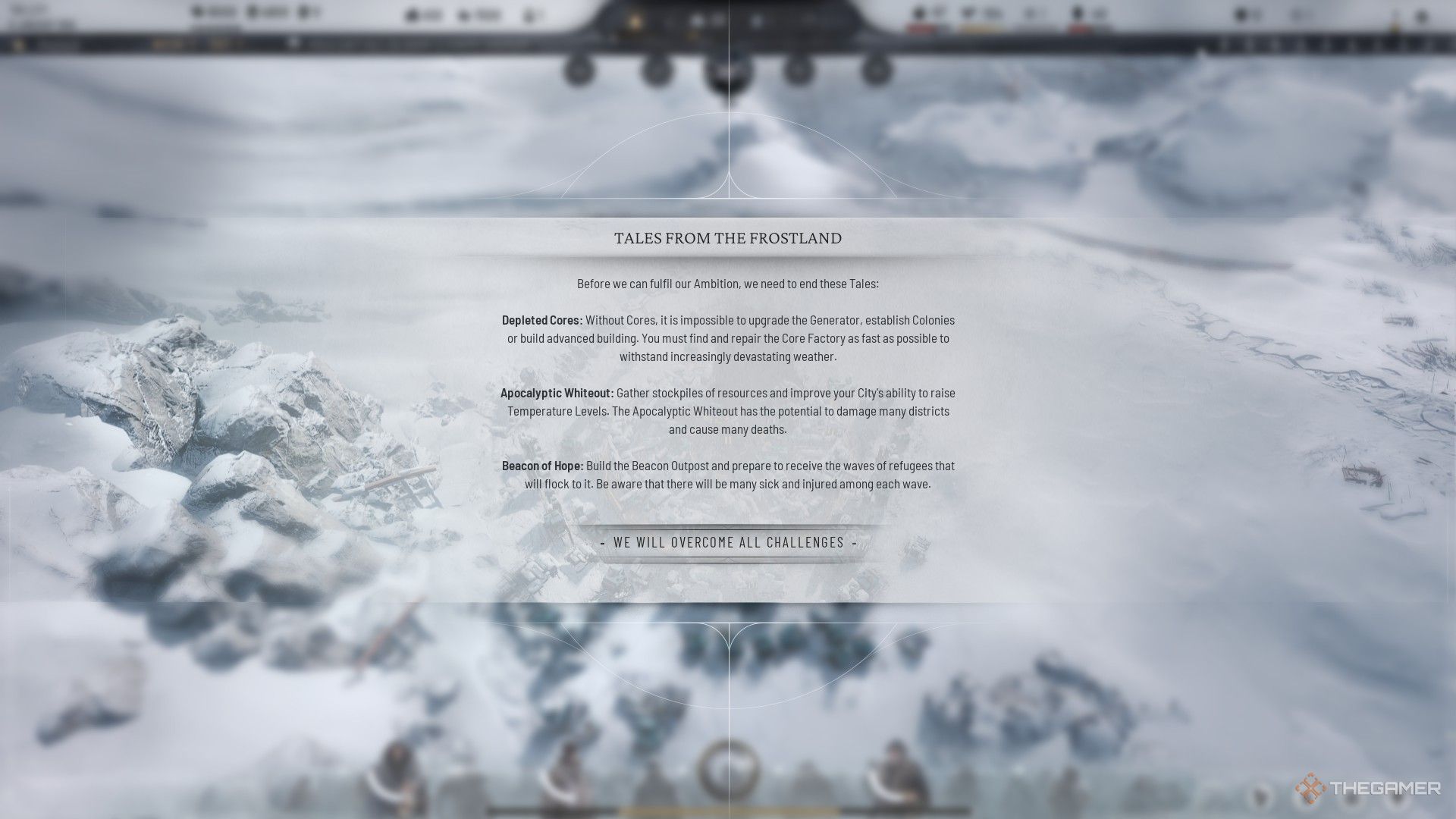 The player receives the pop -up of the story in Frostland, which summarizes the goal in FrostPunk 2.