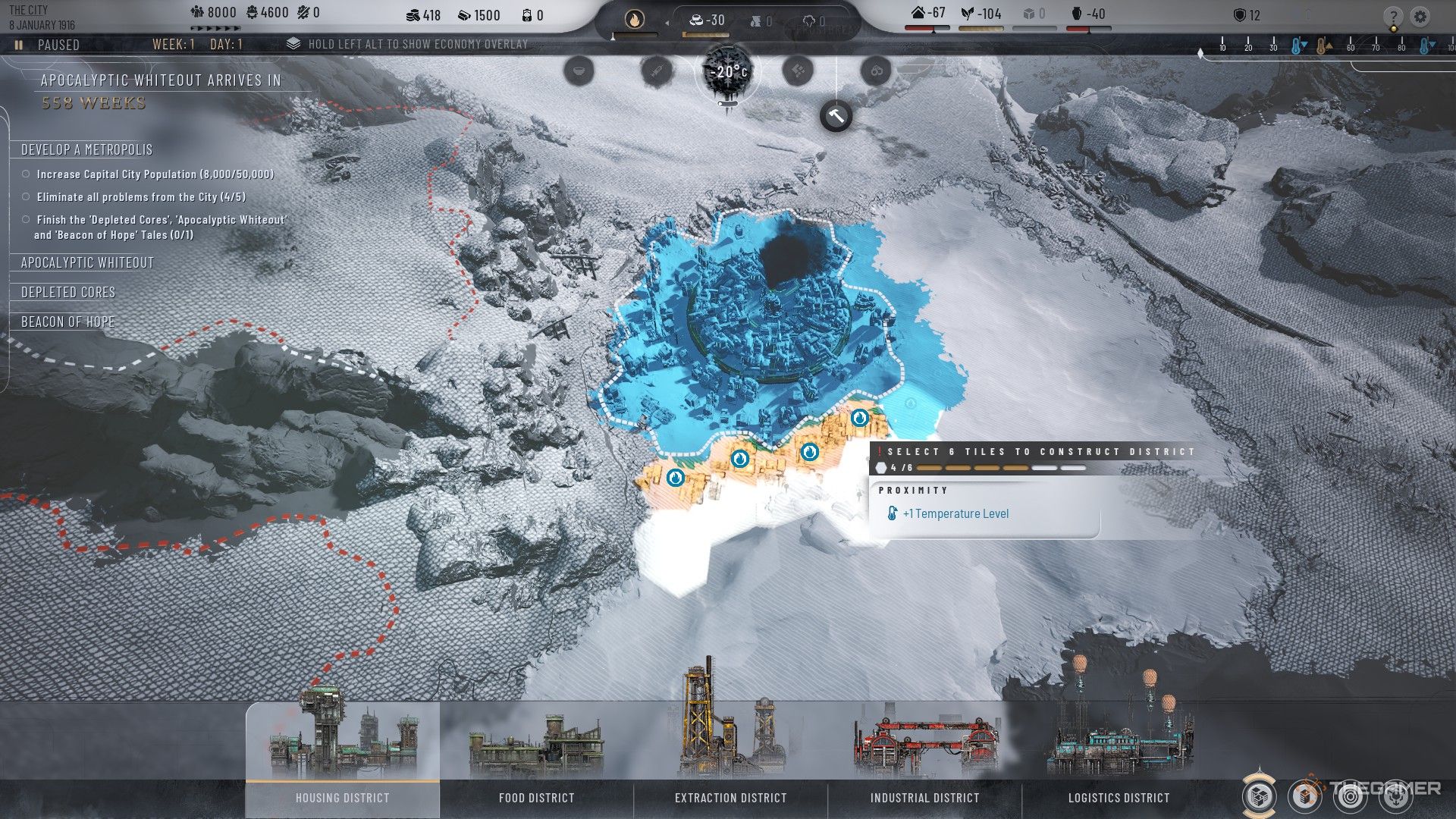 بازیکن چهار بخش از منطقه مسکن را در کنار ژنراتور در Frostpunk 2 قرار می دهد.