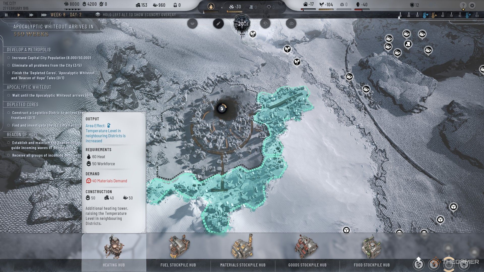 بازیکن توضیحات مرکز گرمایش را در Frostpunk 2 بازرسی می کند.