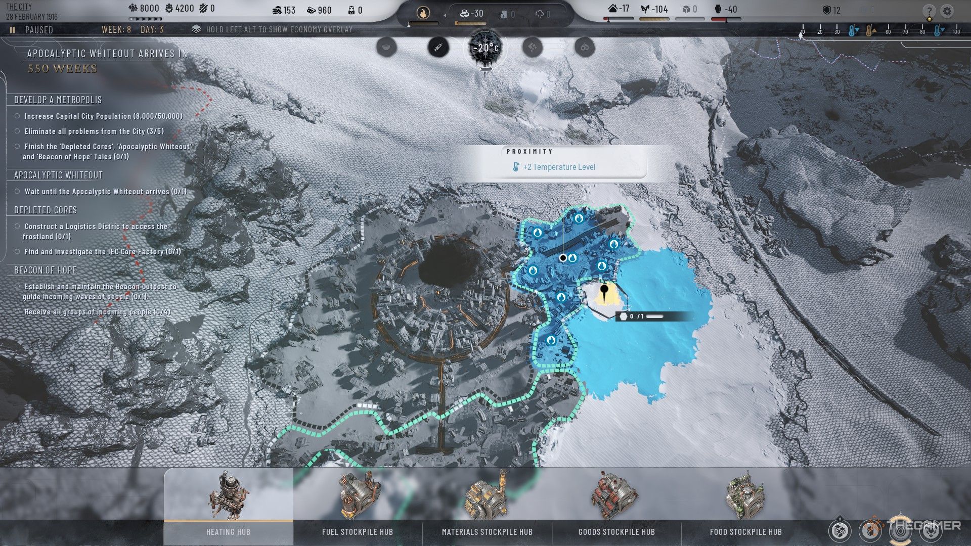 بازیکن آماده می شود تا یک مرکز گرمایش را در کنار یک منطقه مسکن در Frostpunk 2 نصب کند.