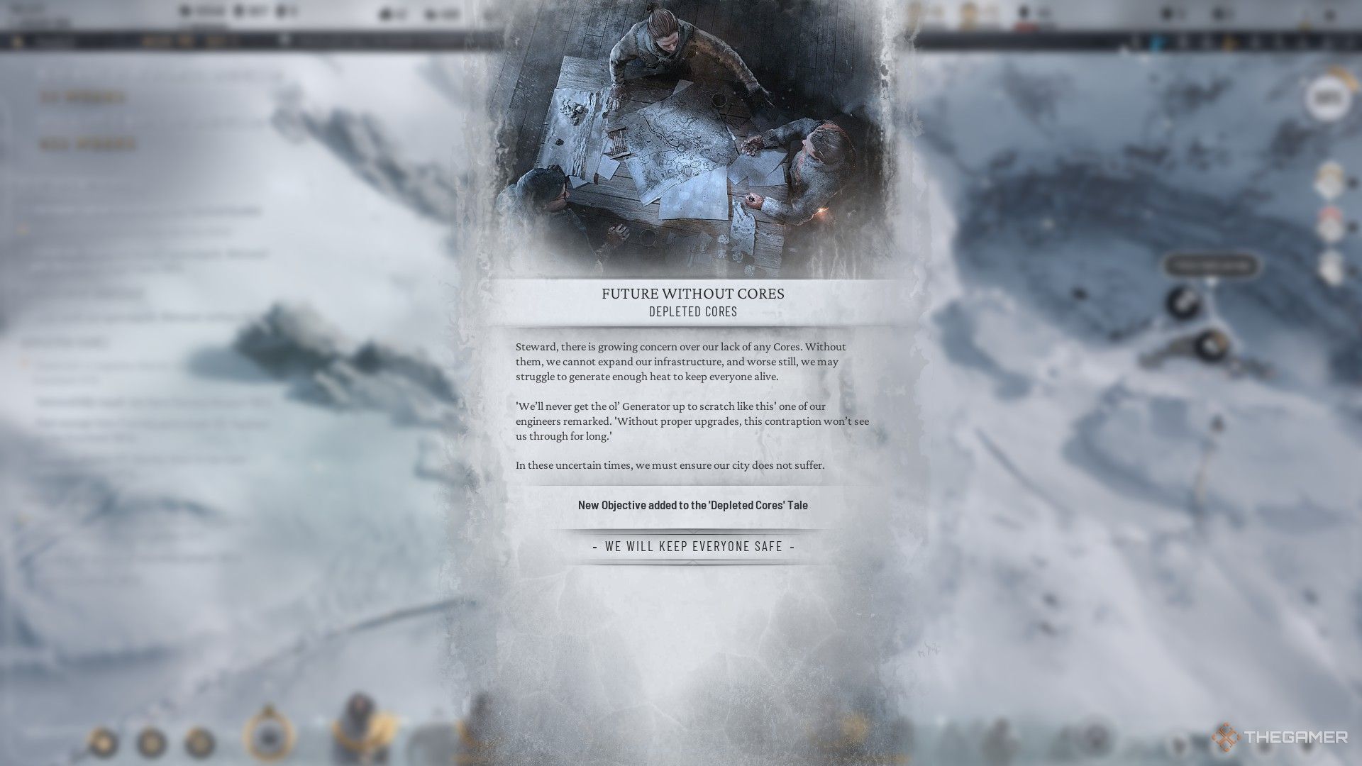 Player receives a notification for the beginning of the Depleted Cores Tale in Frostpunk 2.