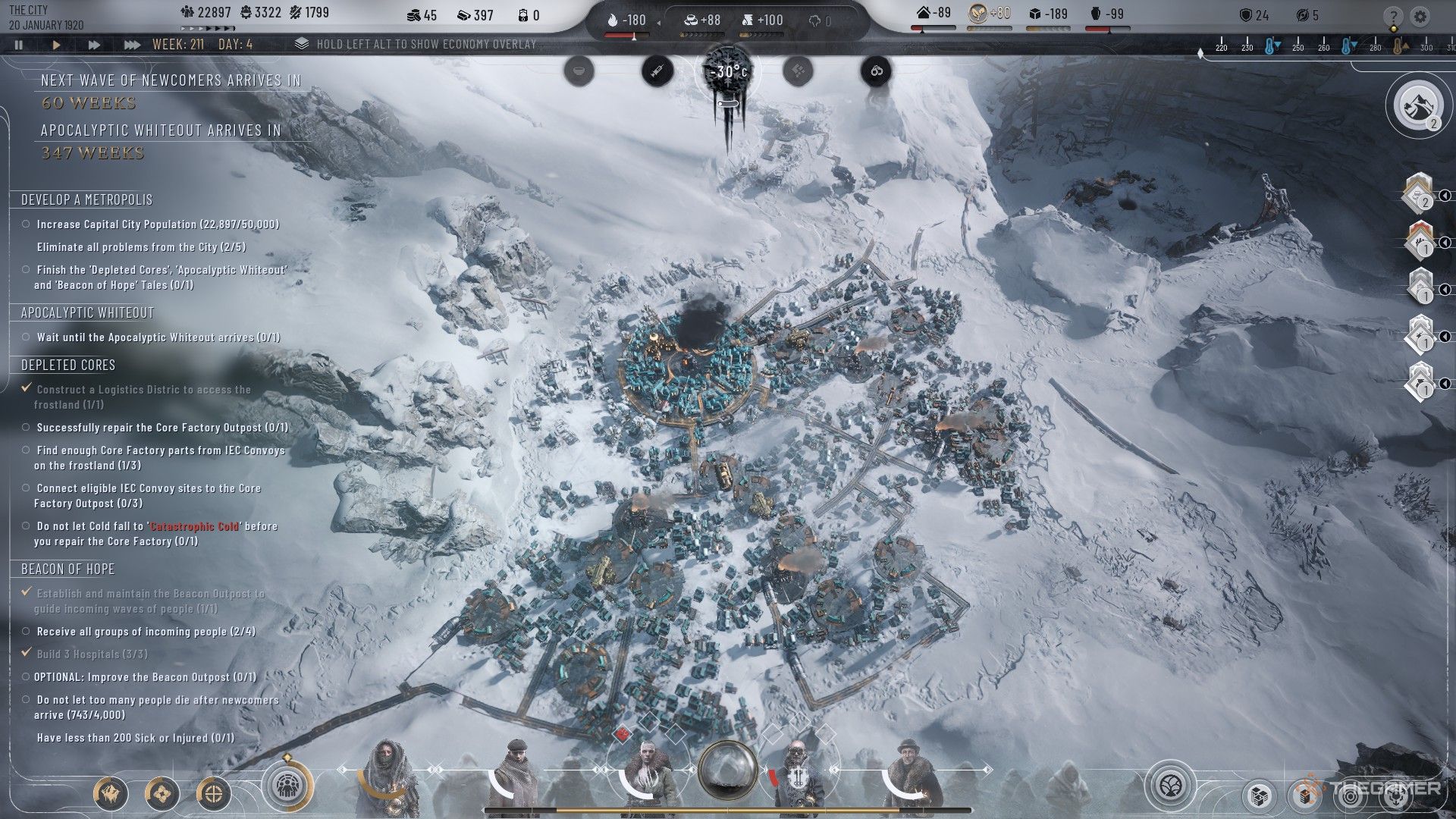The camera looks at the top of the city built into the pit through all stories in Frostpunk 2.