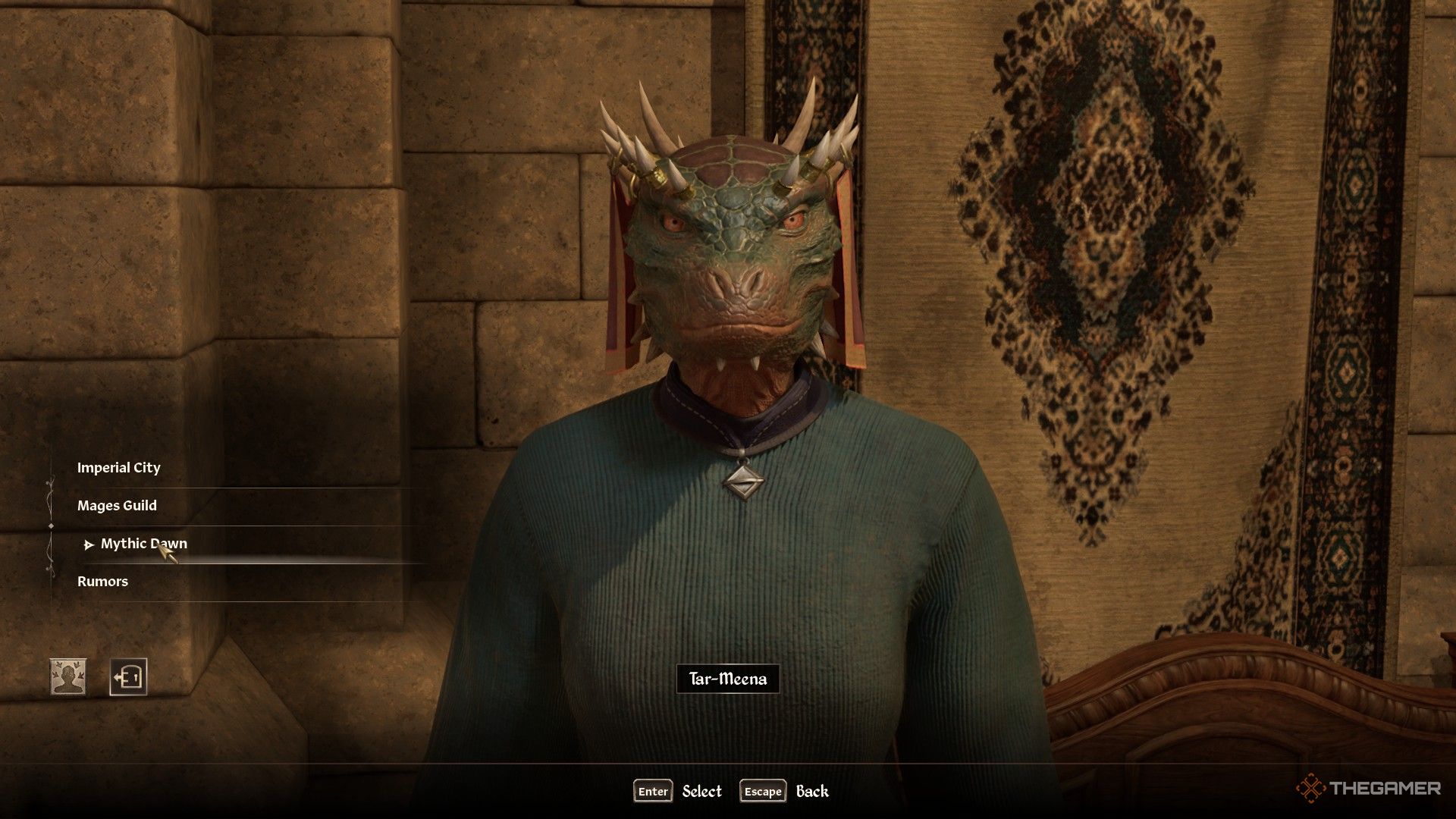 The player prepares to ask Tar Mina about the legendary Dawn in Obvin Ramsterd.