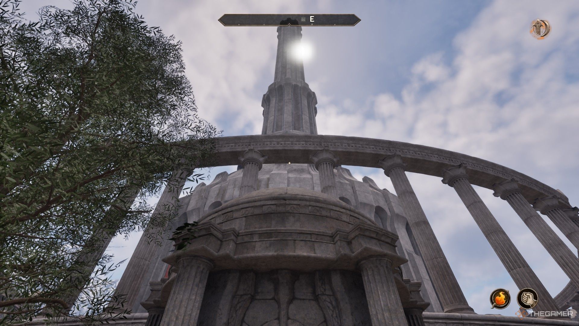 The player looks at the white gold tower when the sun touches it in a remost.