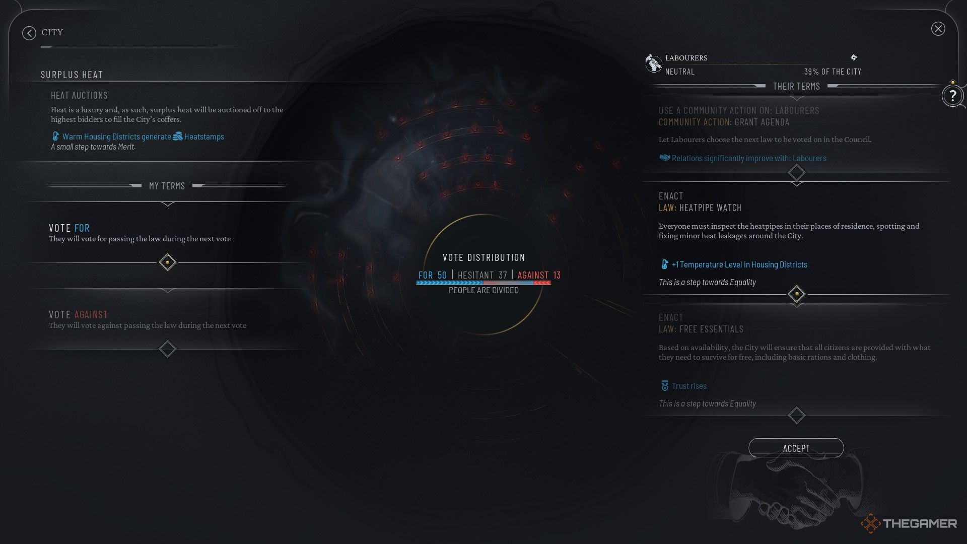 The player negotiates with the camp to implement the thermal pipe clock method in FrostPunk 2.