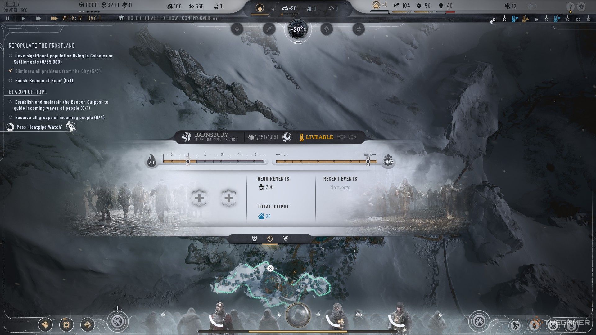 بازیکن گرما و جمعیت یک منطقه مسکن را در منوی خود در Frostpunk 2 مدیریت می کند.