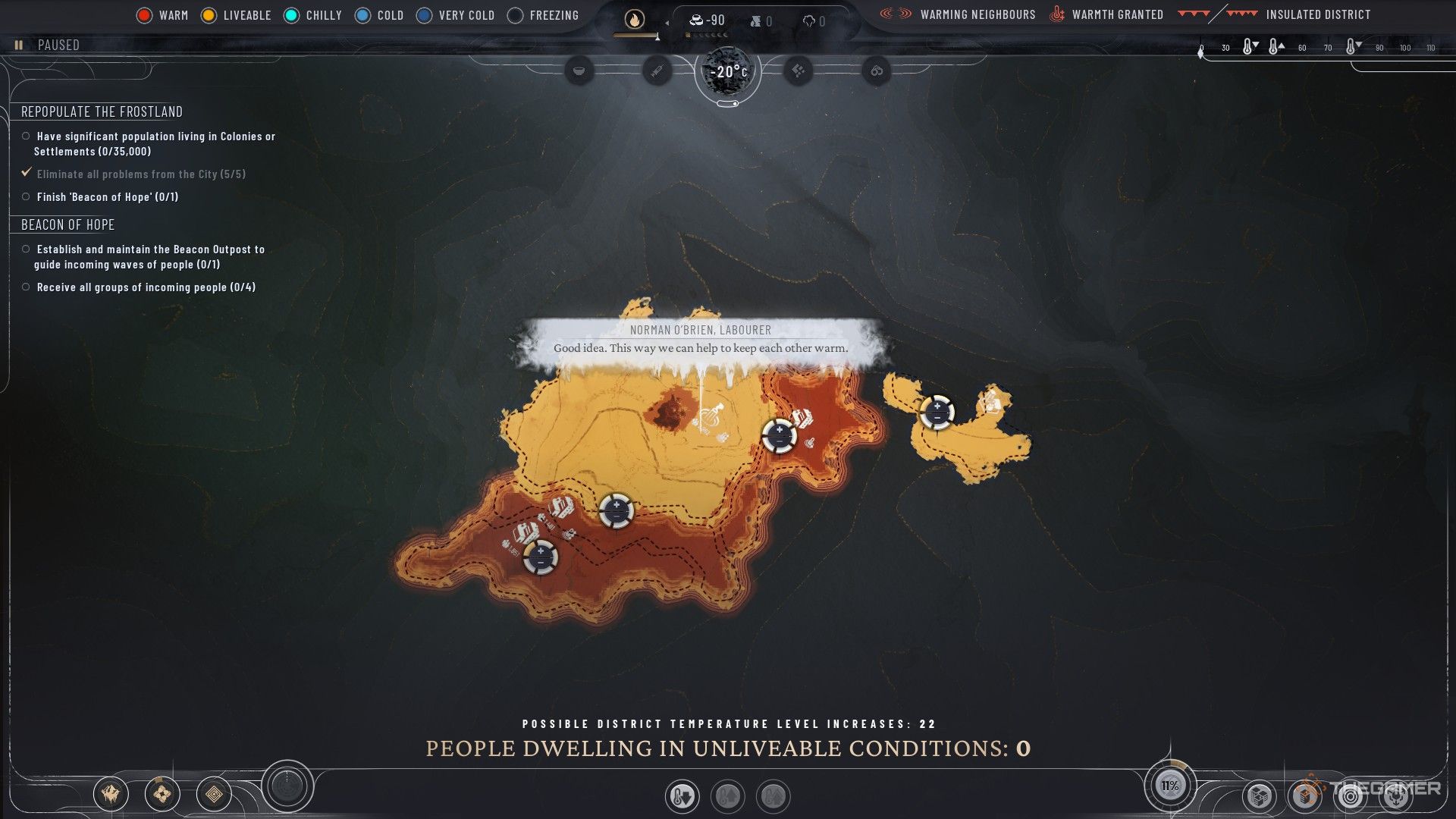 نقشه حرارتی در Frostpunk 2 یک شهر بسیار داغ در Frostpunk 2 را نشان می دهد.