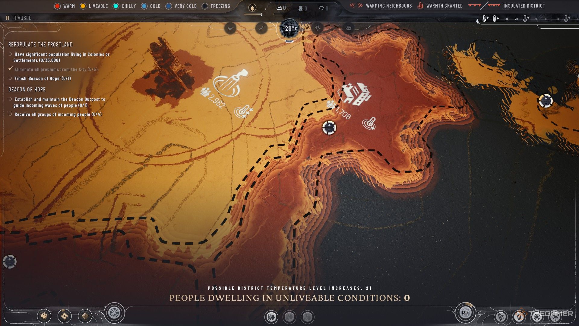 نقشه گرما در Frostpunk 2 یک منطقه مسکن را نشان می دهد که به اندازه کافی گرم است تا گرما را تابش کند.