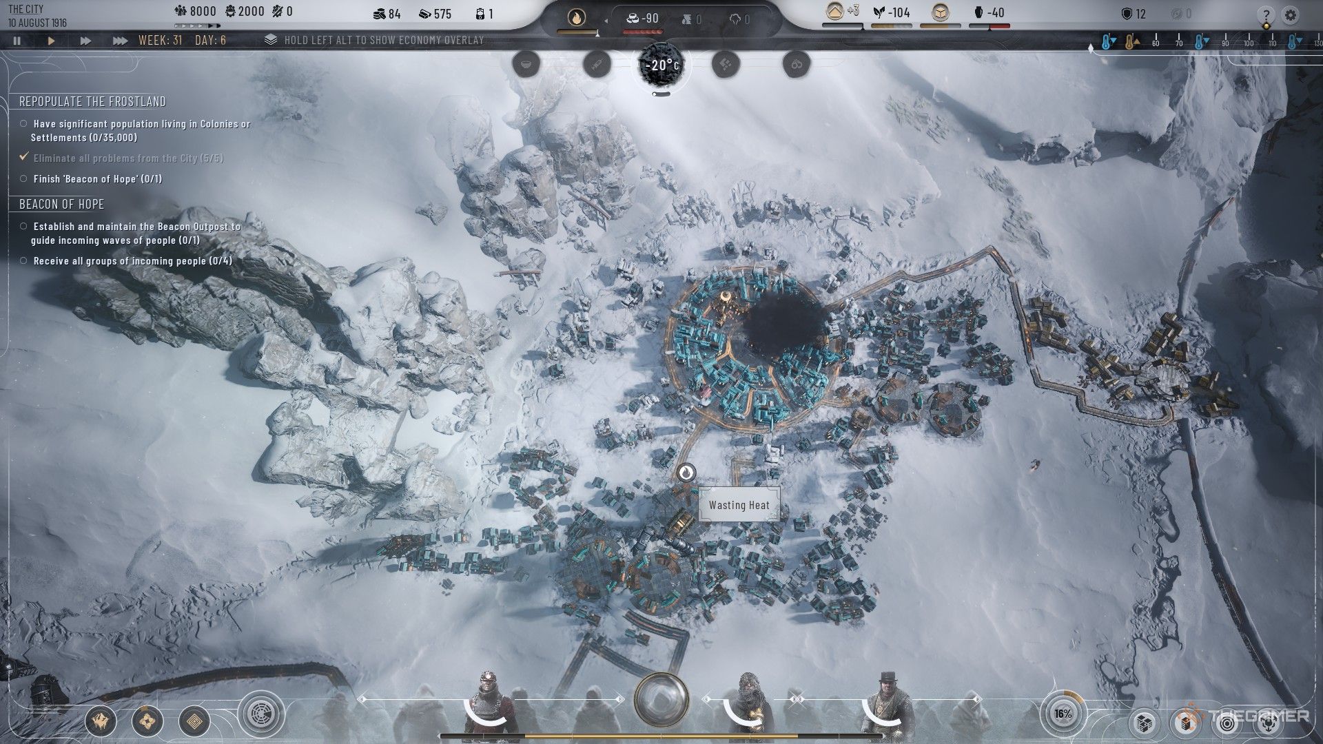 بازیکن نماد هدر رفتن را در Frostpunk 2 بازرسی می کند.