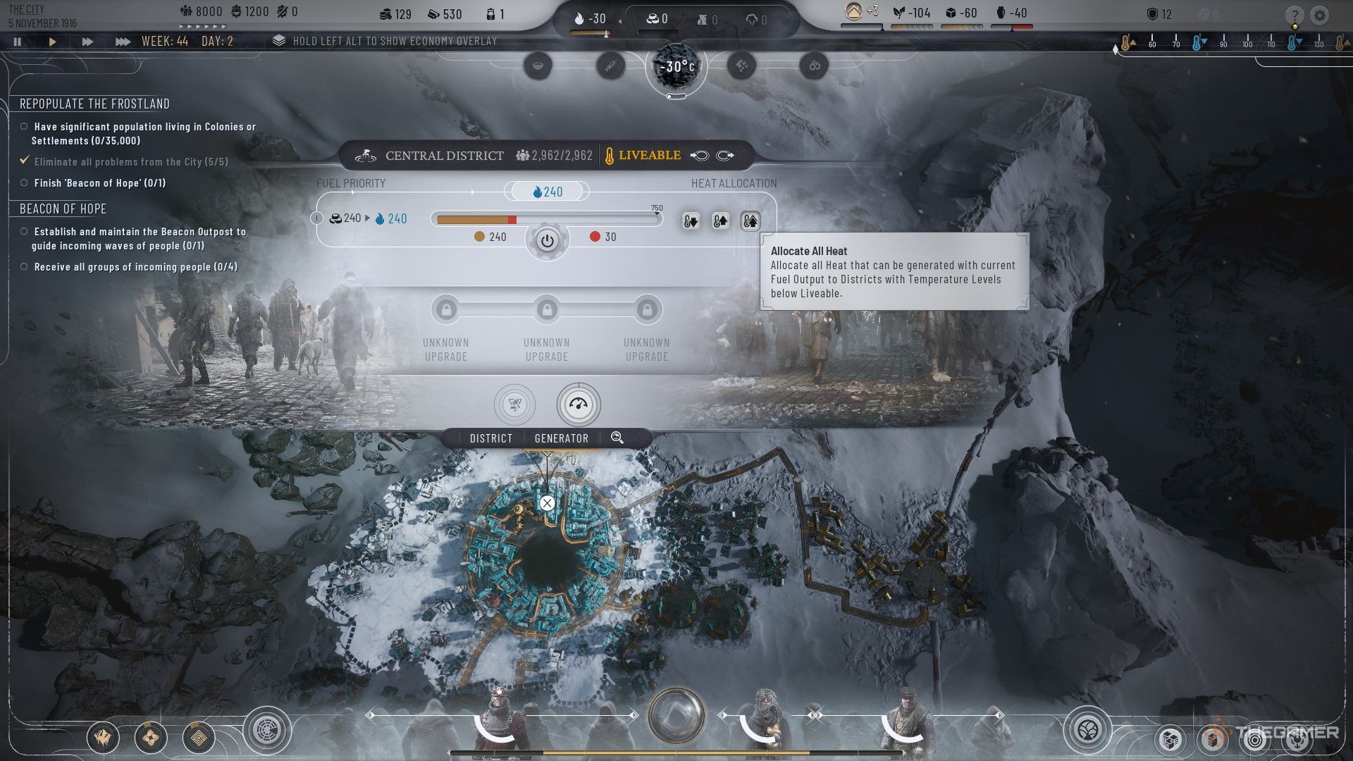 پخش کننده دکمه Allocate All Heat را در منوی توزیع گرما ژنراتور در Frostpunk 2 پیدا می کند.