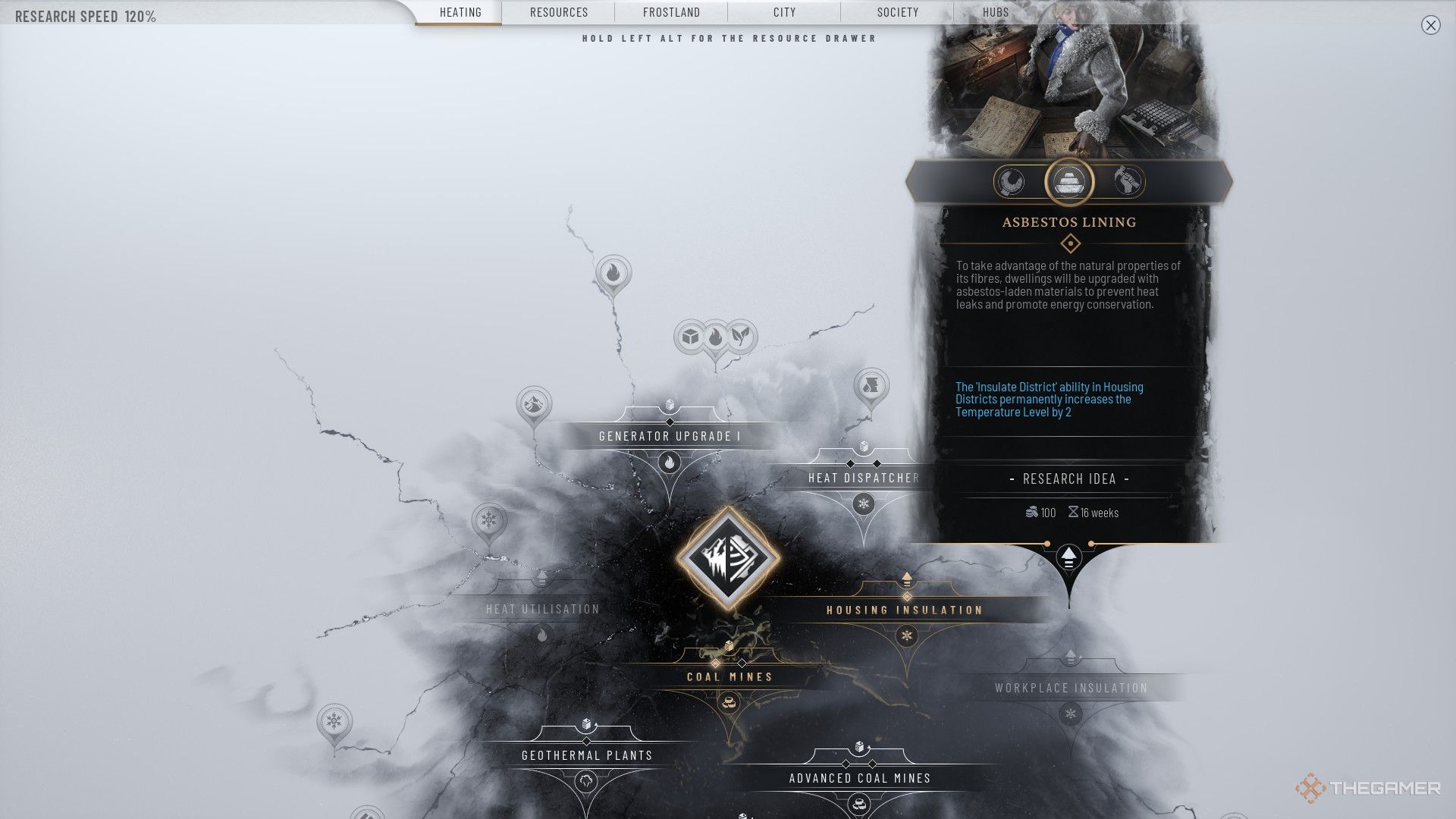 بازیکن در مورد ارتقاء آستر آزبست در Frostpunk 2 تحقیق می کند.