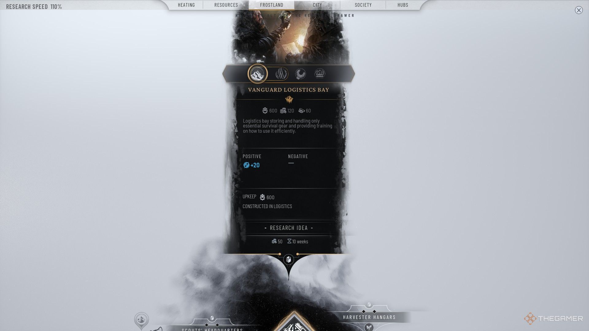 The player studies VANGUARD LOGISTICS BAY for scouts in FrostPunk 2.