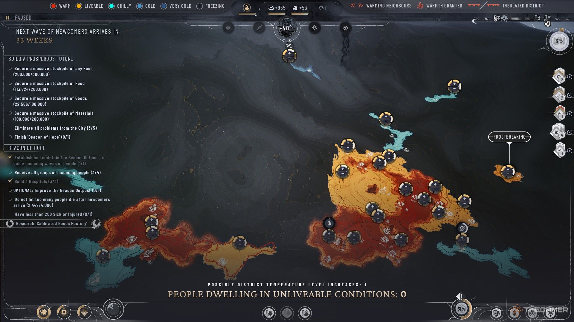 The player looks at the hot heat map of the city in the pit of Frostpunk 2.