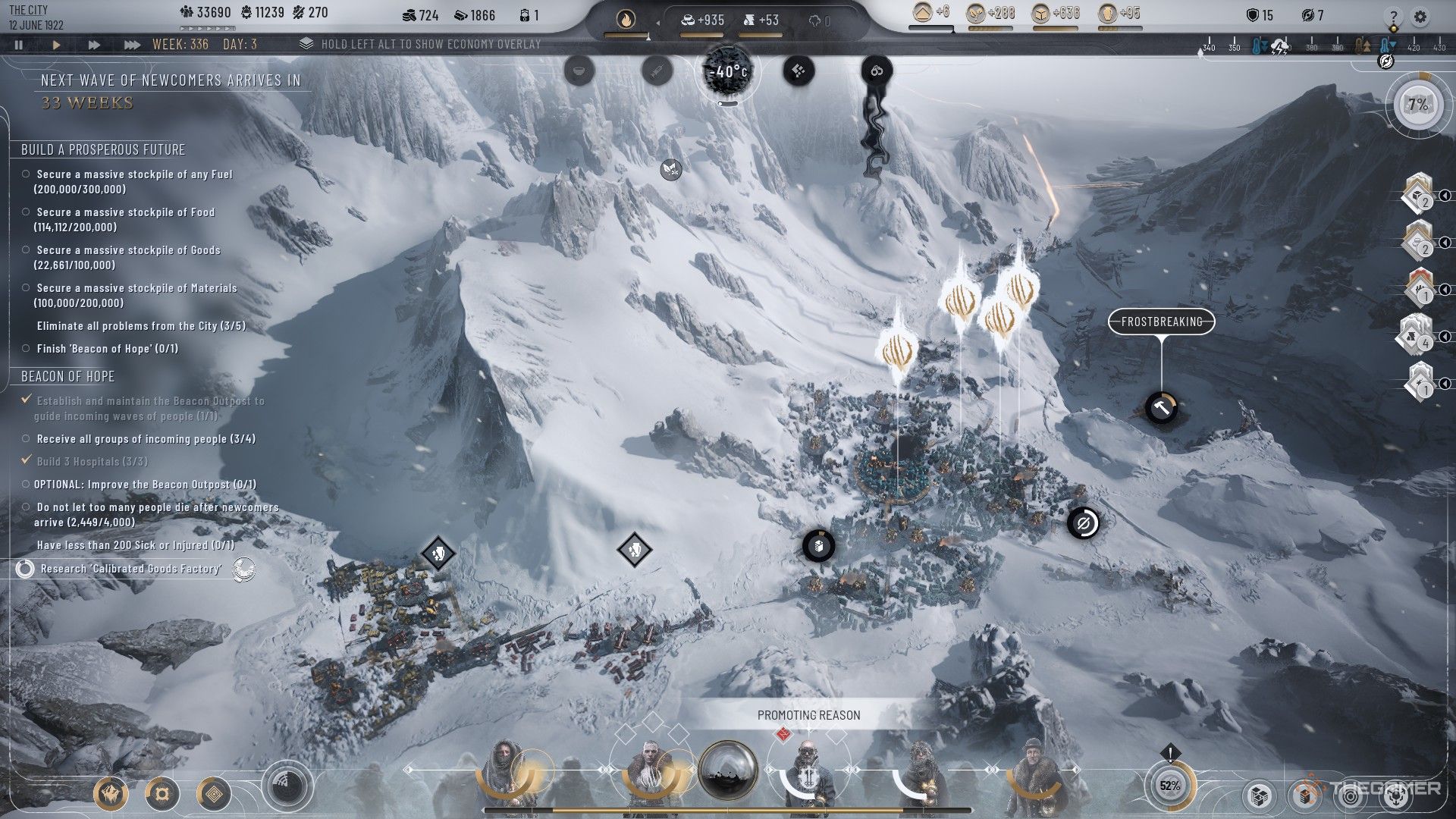 The player is looking down at the surplus of the city in the pit before the white out in FrostPunk 2.