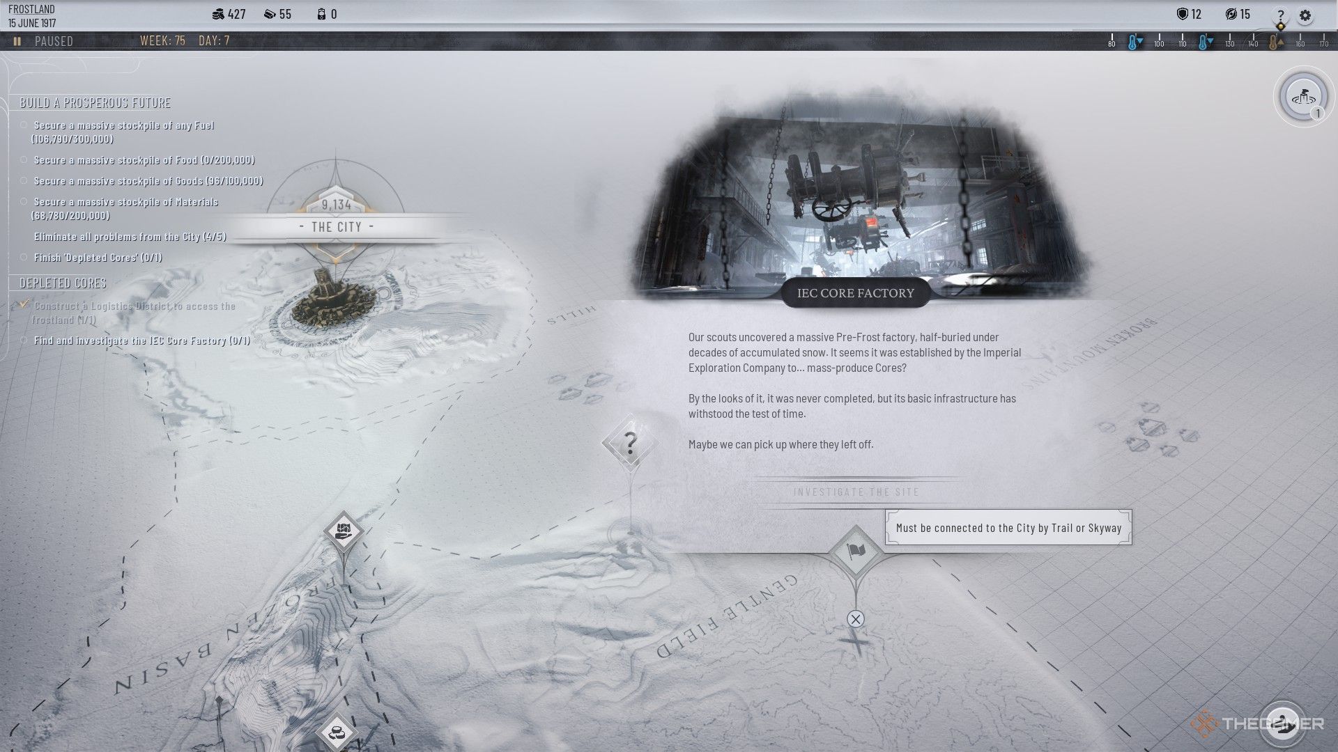 Player finds the lost and forgotten IEC Core Factory in the Frostlands of Frostpunk 2.