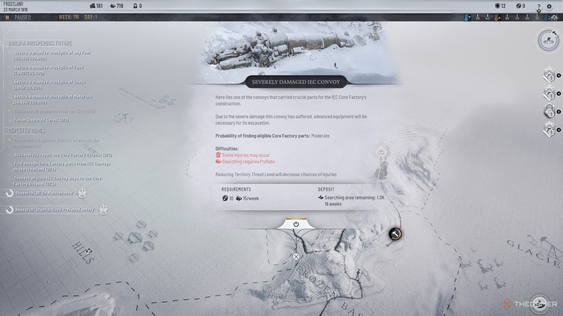 Player finds a severely damaged IEC Convoy in the Frostlands of Frostpunk 2.