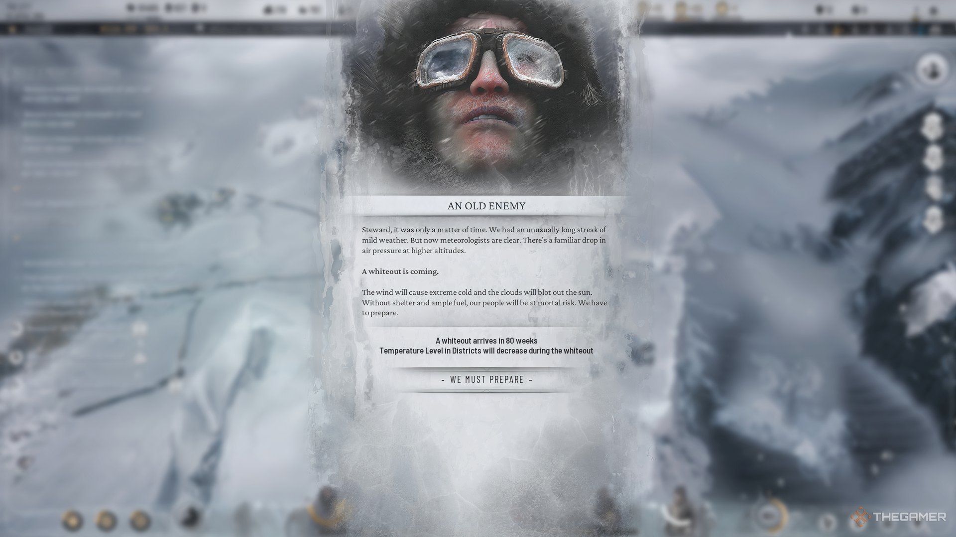 After taking an IEC convoy apart, a whiteout is triggered on the menu in Frostpunk 2.