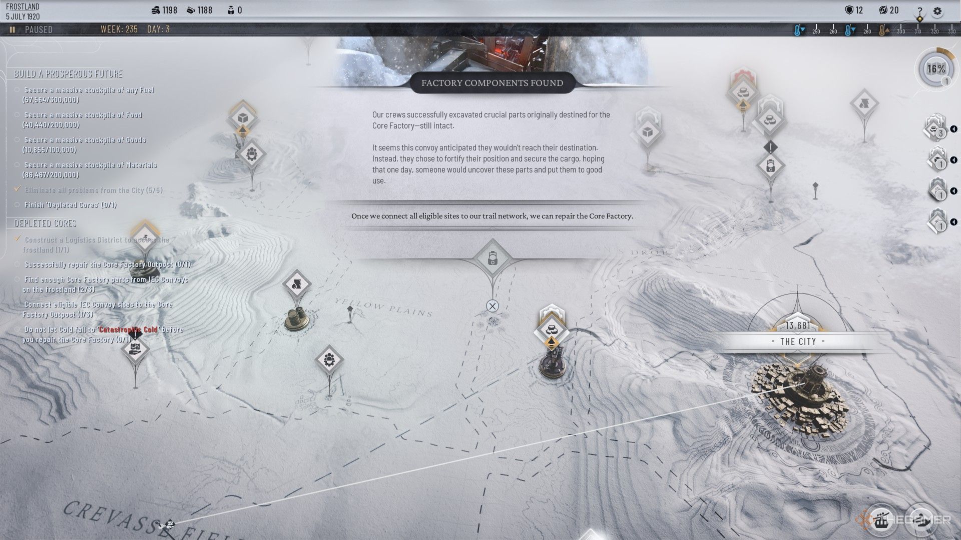 Player uses a skyway to link the IEC convoy to the factory in Frostpunk 2.