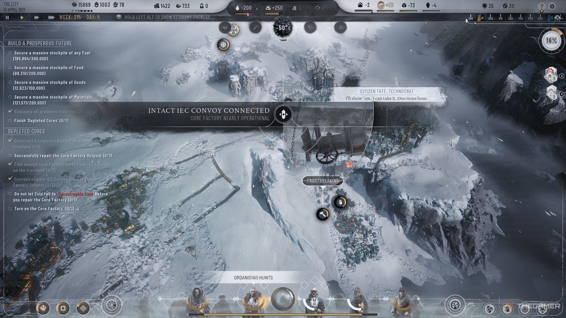 Player connects an intact IEC convoy to the factory to finish Depleted Cores in Frostpunk 2.