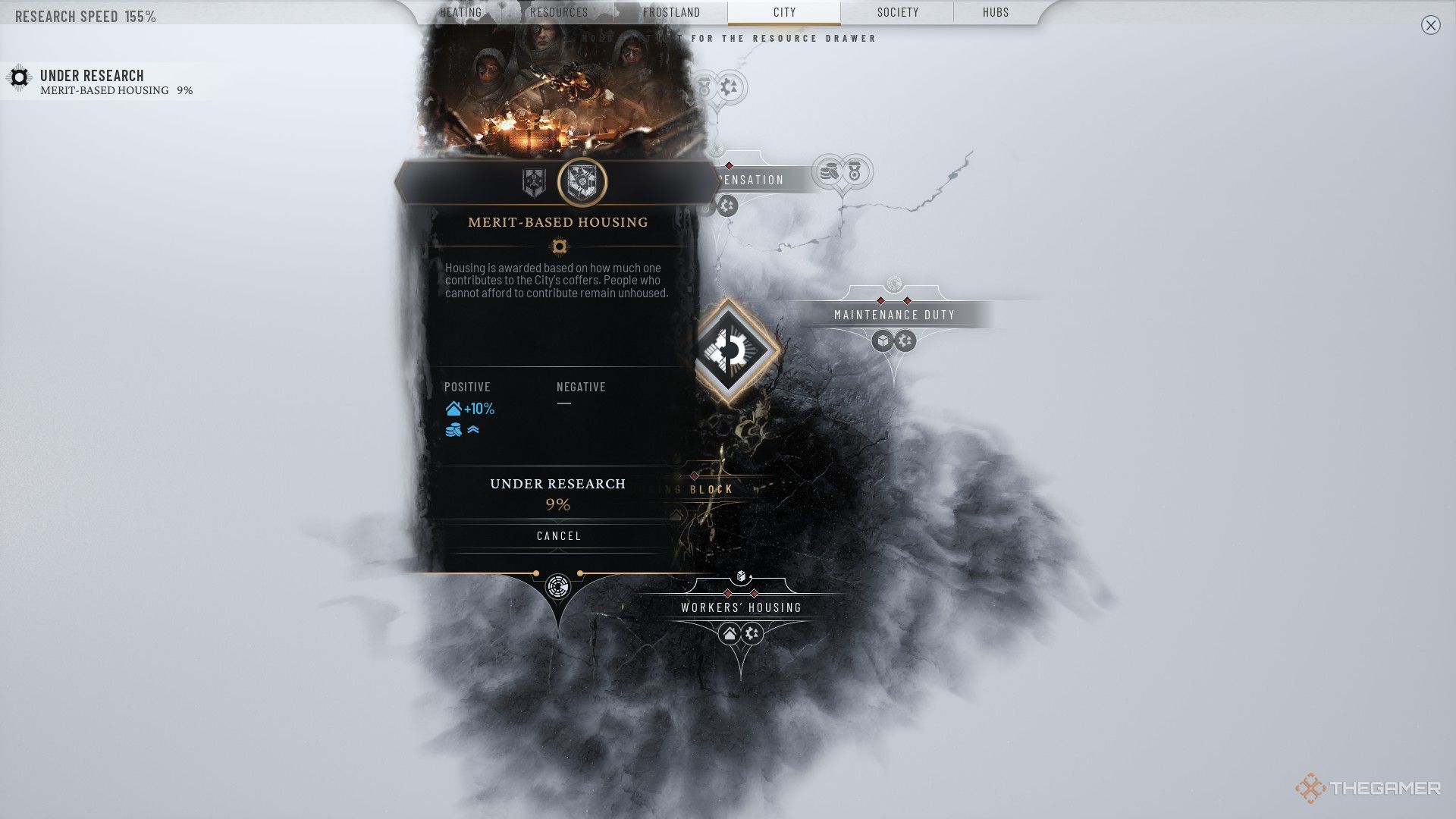 بازیکن شروع به تحقیق در مورد مسکن مبتنی بر شایستگی در Frostpunk 2 می کند.