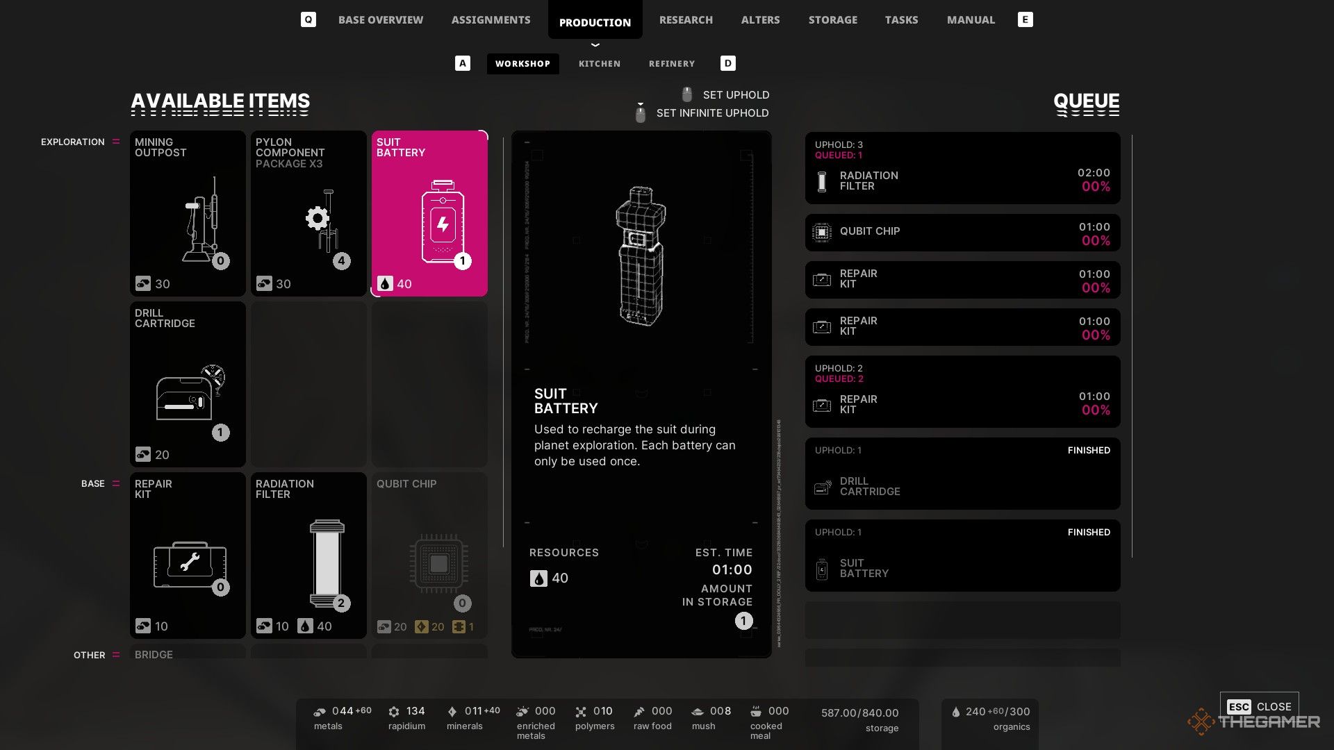 the workshop production queue in the alters, with suit batteries highlighted.