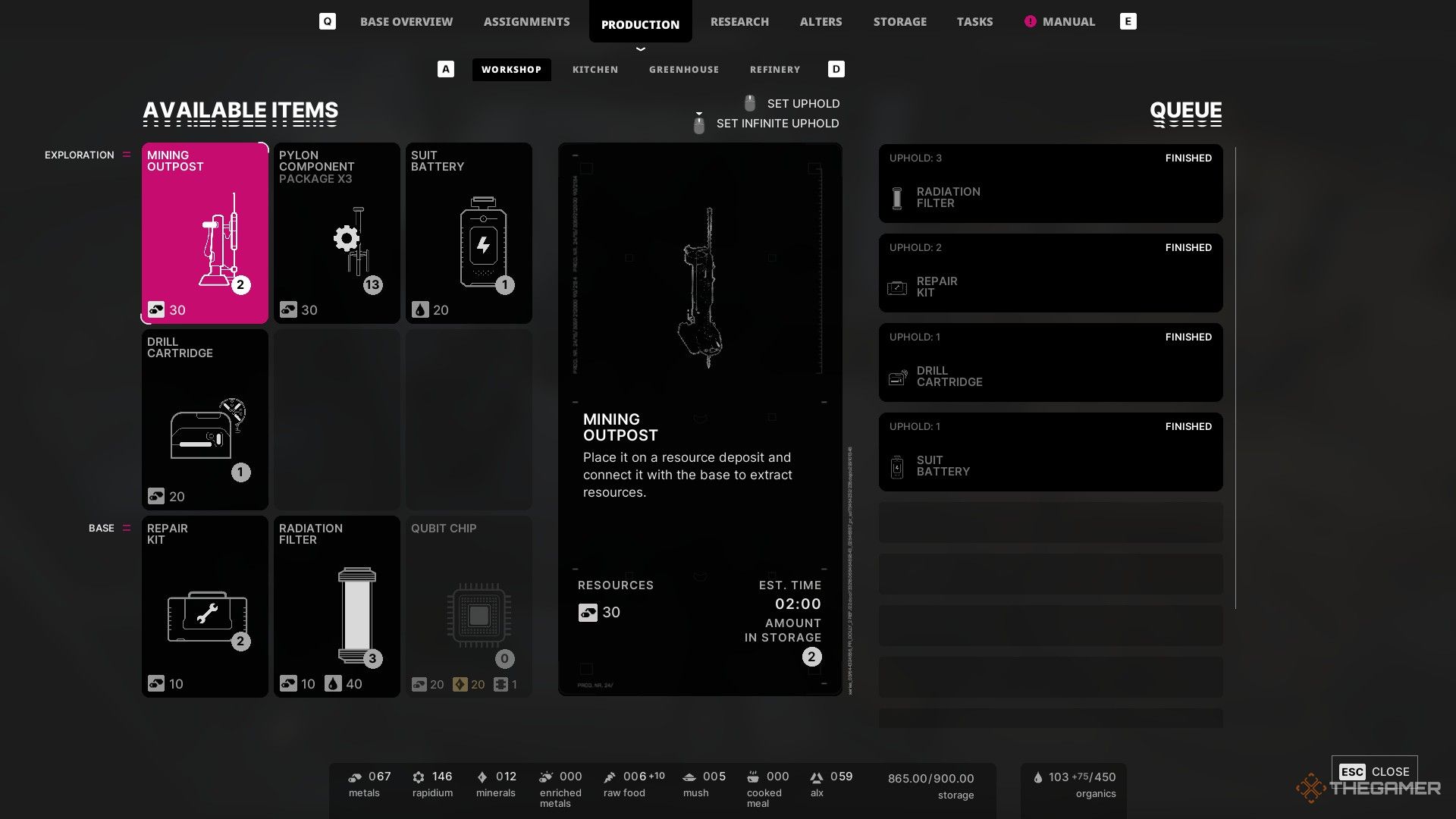 the workshop crafting screen in the alters, with the mining outpost highlighted.