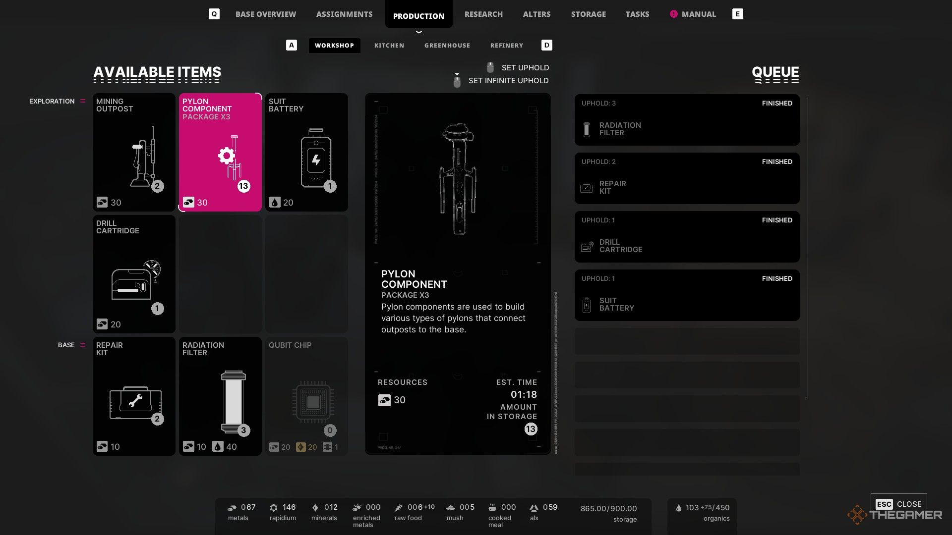 the workshop crafting screen in the alters, with pylon components highlighted.