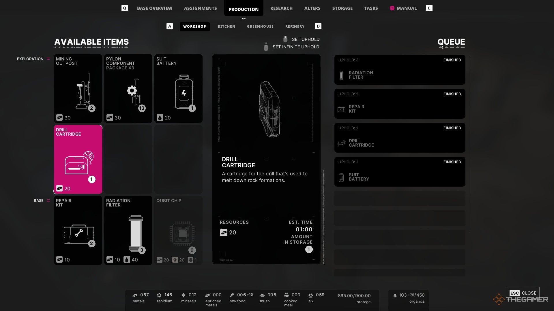 the workshop crafting menu in the alters, with the drill cartridge highlighted.