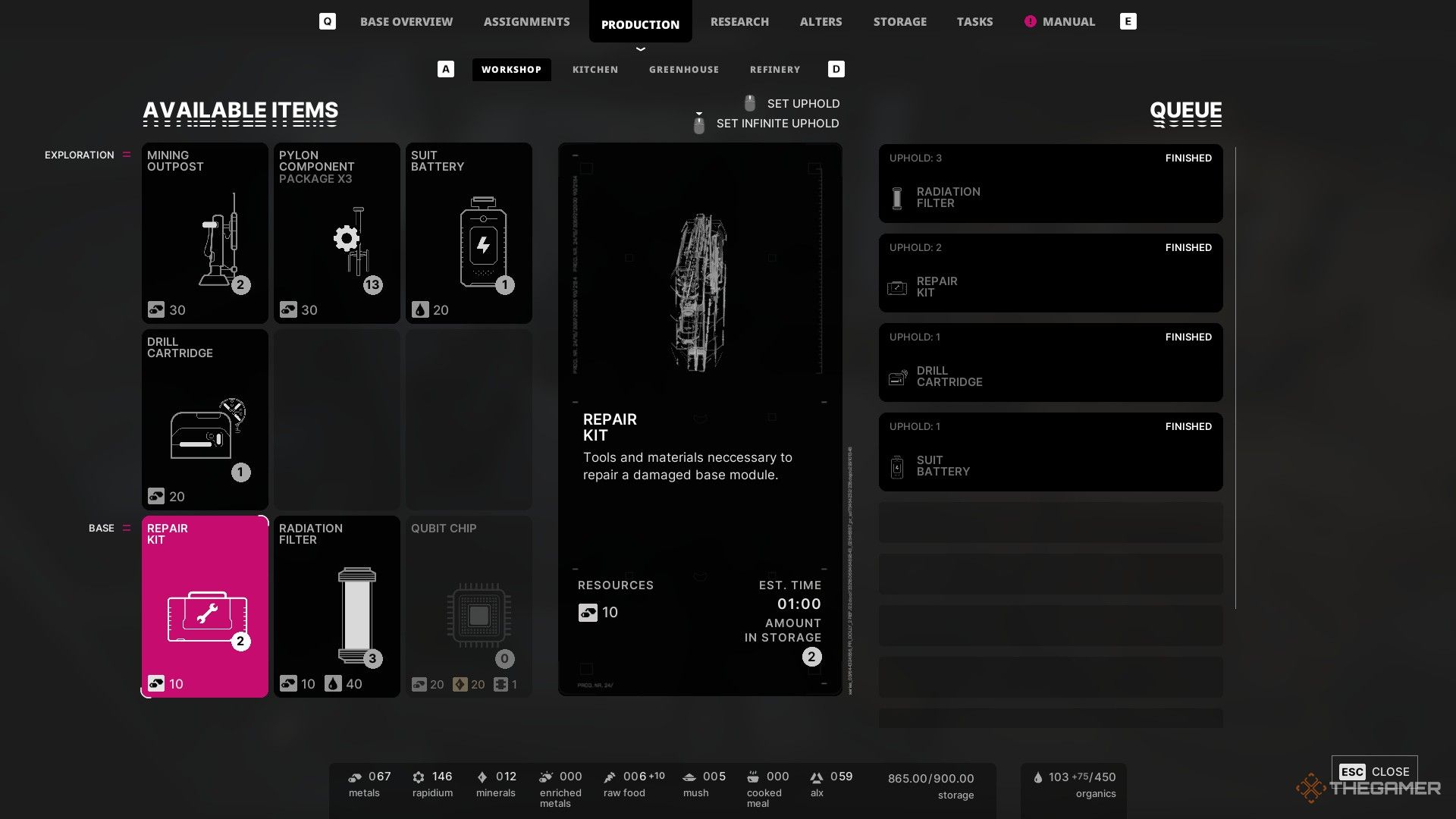 the workshop menu in the alters with the repair kit highlighted.