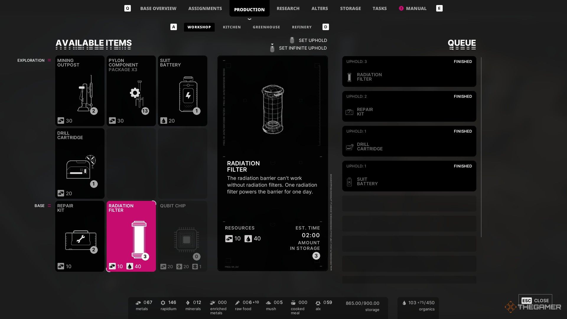 the workshop crafting menu in the alters, with the radiation filter highlighted.