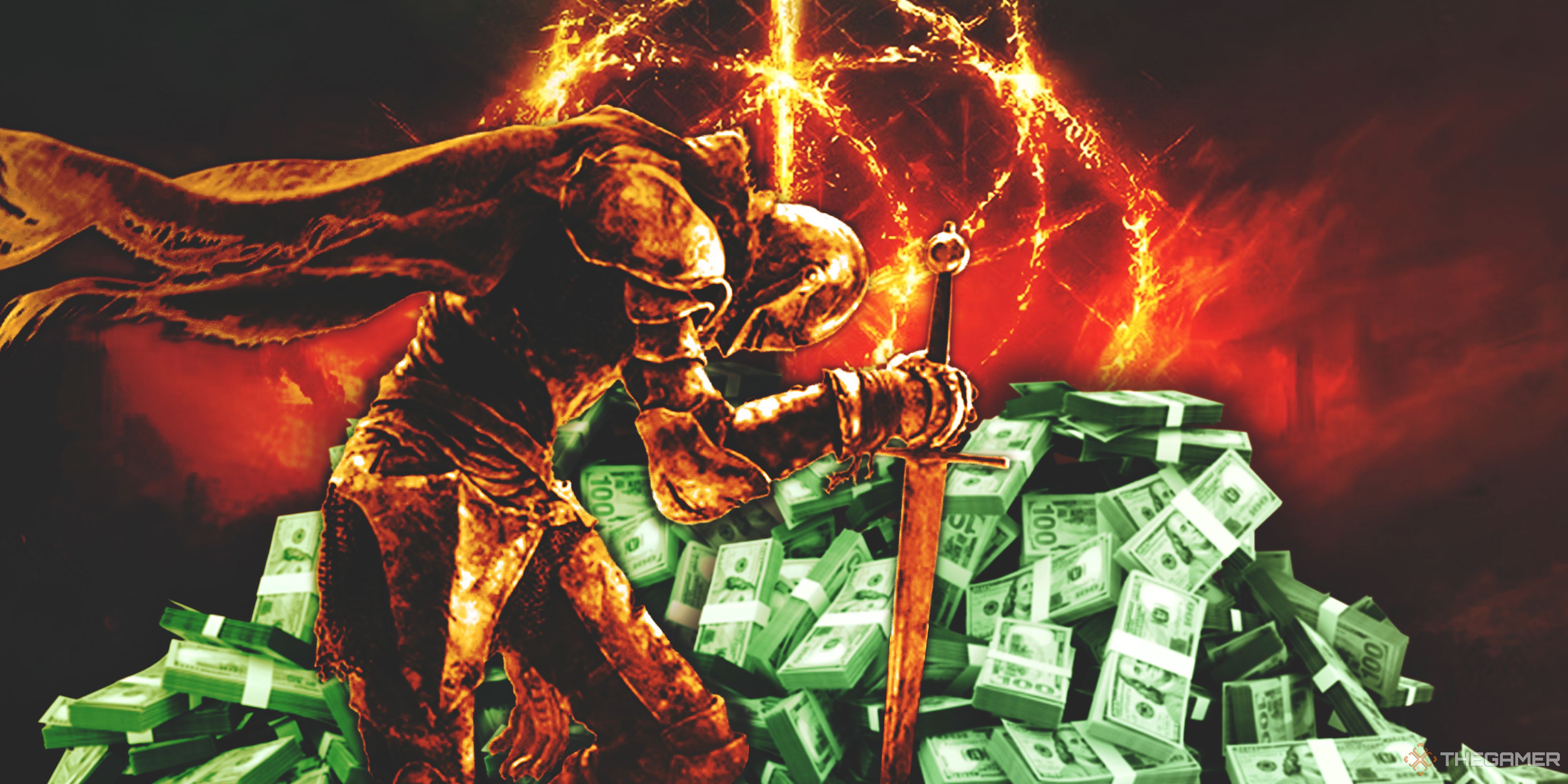 The Tarnished from Elden Rign putting their sword in the ground with a pile of cash in the background.
