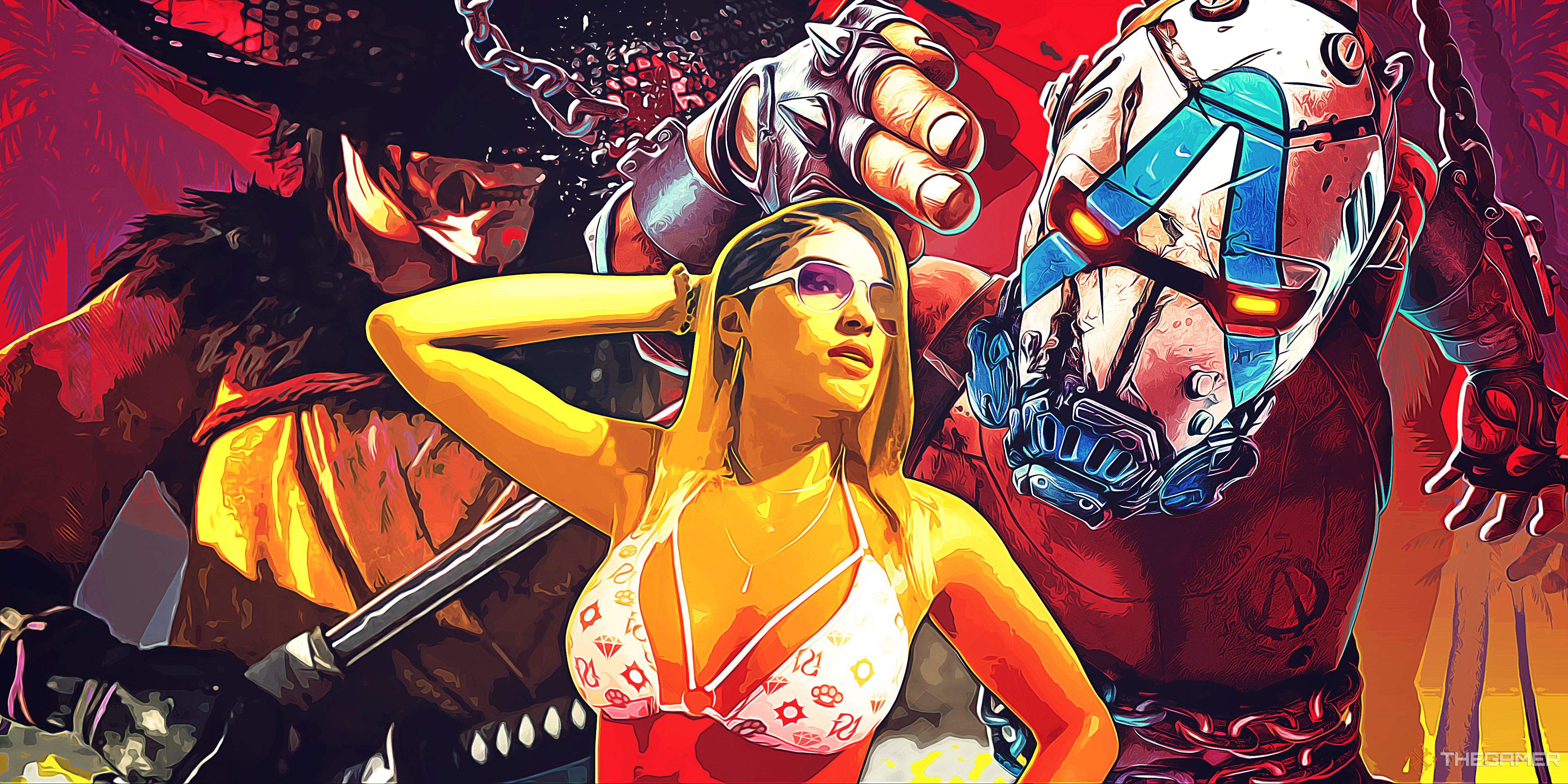 The GTA 6 bikini character with Ghost of Yotei and Borderlands 4 in the background.